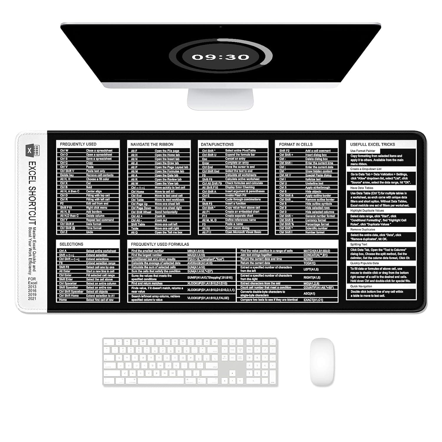 Excel Shortcut Keys Mouse Pad, Large Extended XL XXL Cheat Sheet Gaming Mouse Pad, Office Spreadsheet Desk Mat, Long Big Keyboard Mat, Desk Pad for Desktop, Non-Slip, Stitched, 31.5" x 11.8", Black