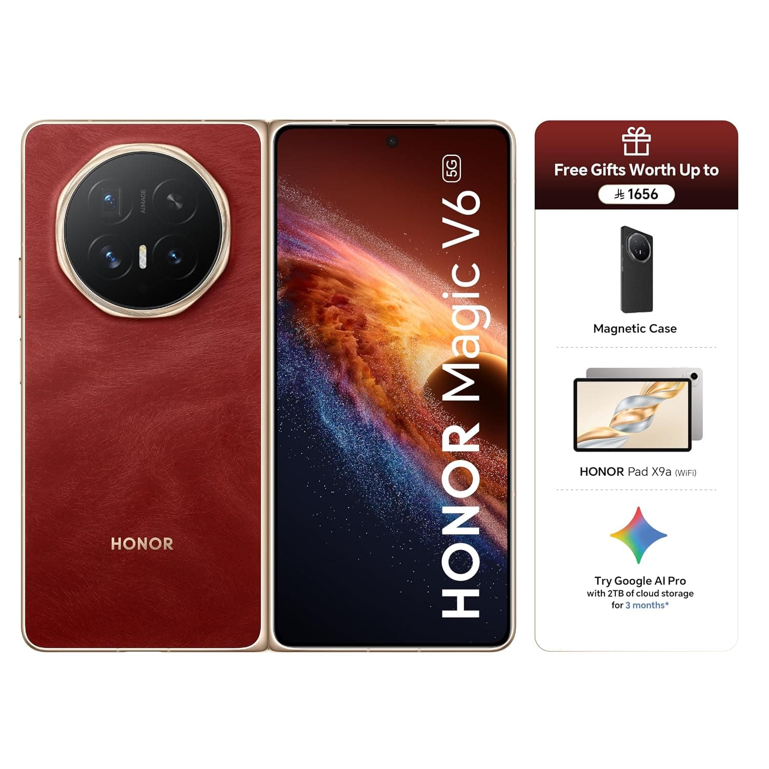 HONOR Magic V6 5G Foldable Smartphone 16GB RAM 512GB Storage | Snapdragon 8 Elite Gen 5 | 64MP Telephoto Camera | Red | Free Gift HONOR Pad X9a
