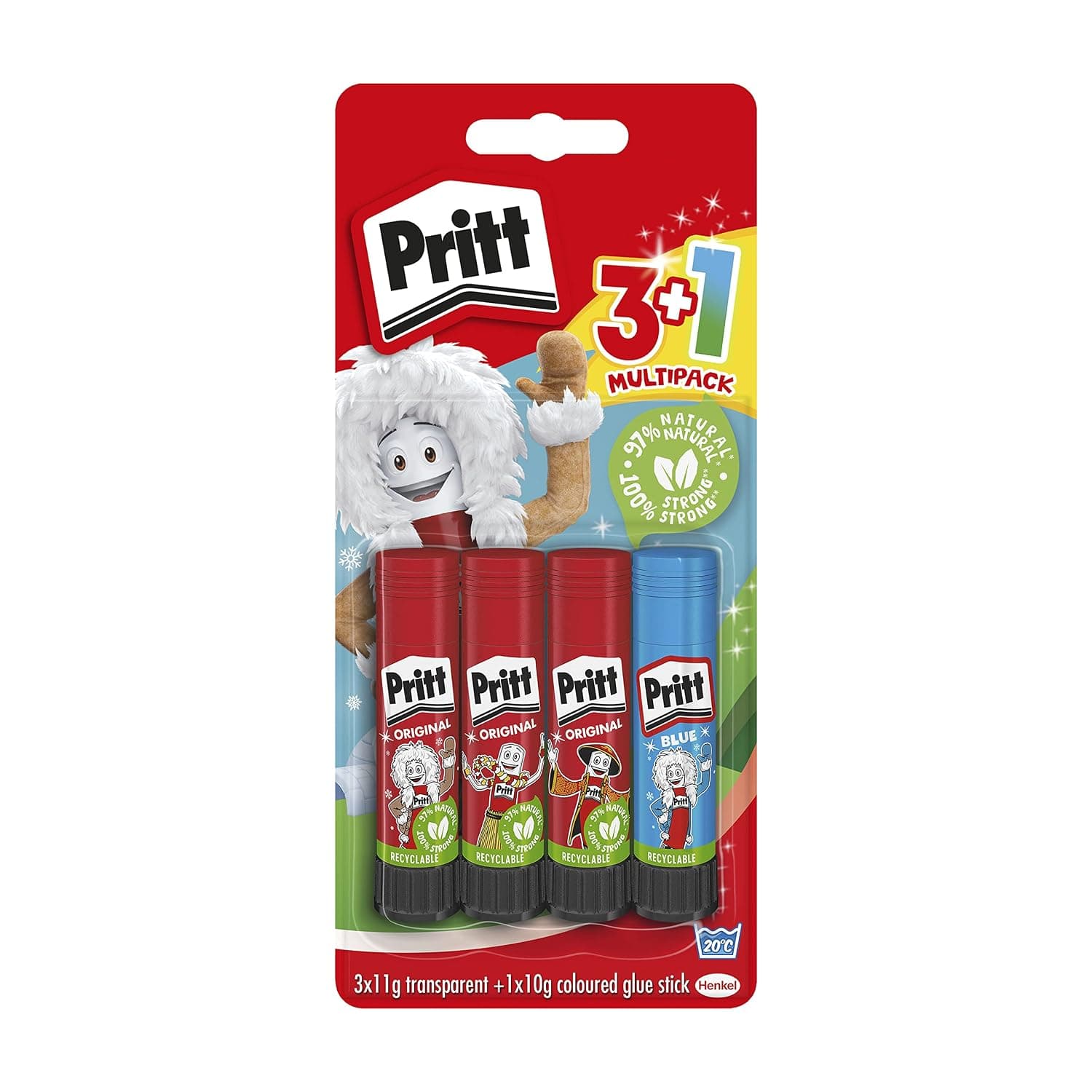 Pritt Glue Stick, Safe & Child-Friendly Craft Glue for Arts & Crafts Activities, Strong-Hold adhesive for School & Office Supplies, 3x11g transparent Pritt Stick + 1x10g colored stick for free