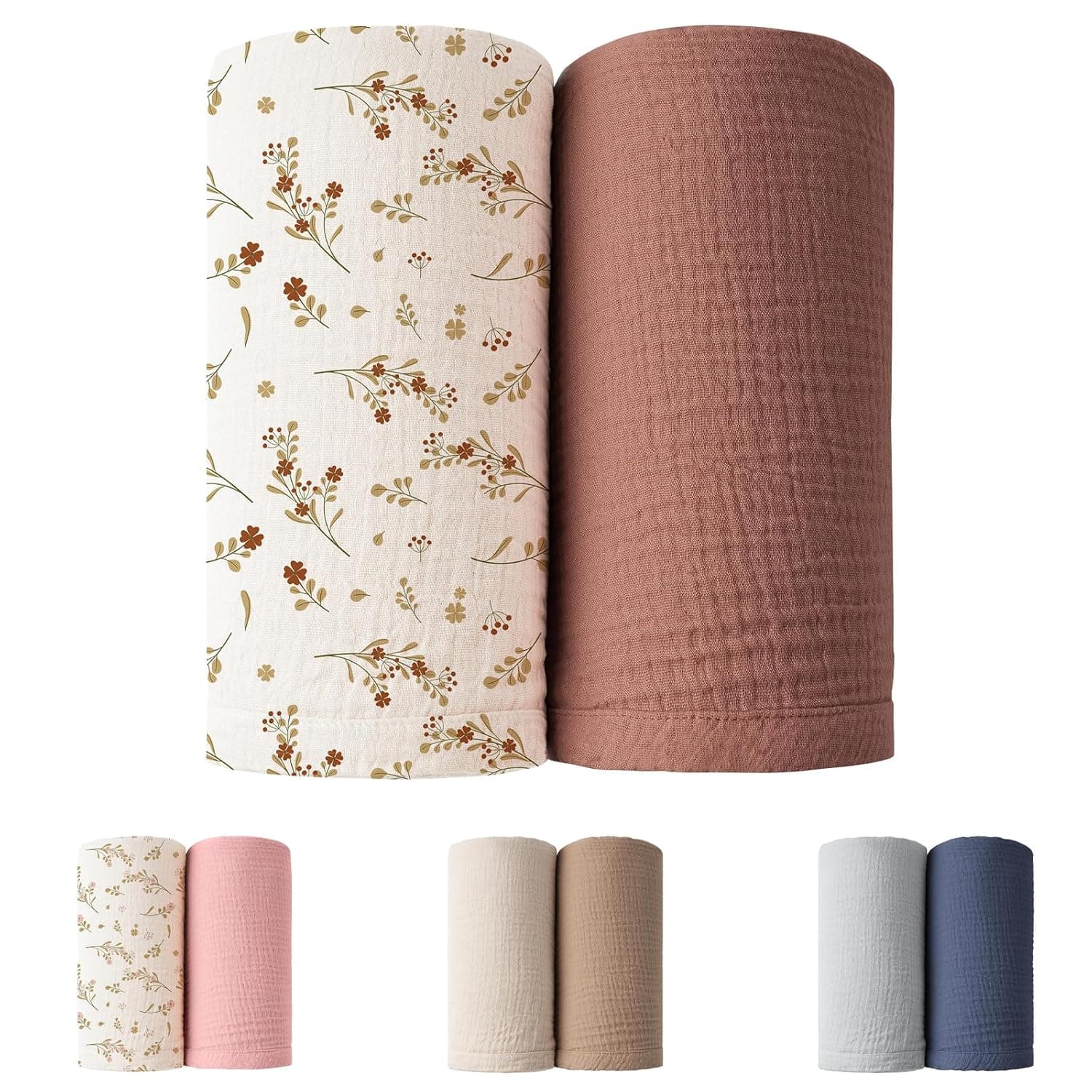 Winmany 2Pack Baby Muslin Swaddle Blankets Newborn Boy Girl Nursery Receiving Blanket Swaddling Wrap Baby Essentials for All Year 40x40in/100x100cm (Rust Red+Red Flower)
