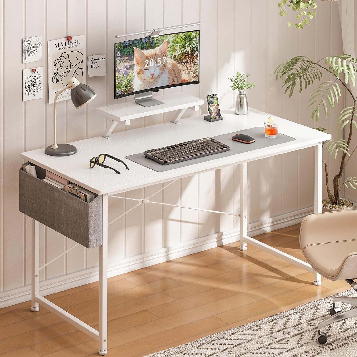 Office Desk with monitor stand, Study Table with Fabric Storage Bag, Modern Simple Computer Desk, Study Desk Table for Adults, Easy Assembly Gaming Table, 110 * 50 * 75CM (White)