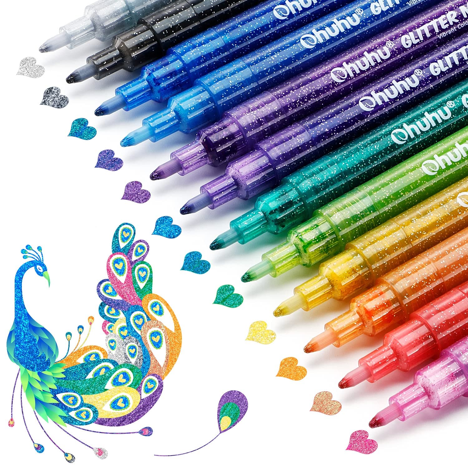 Ohuhu Markers with Glitter: 12 Colors Glitter Pens Fine Tip for Painting | Metallic Shimmer Marker Pen Water-based for Adult Coloring DIY Cards Making Drawing Gliiter Markers