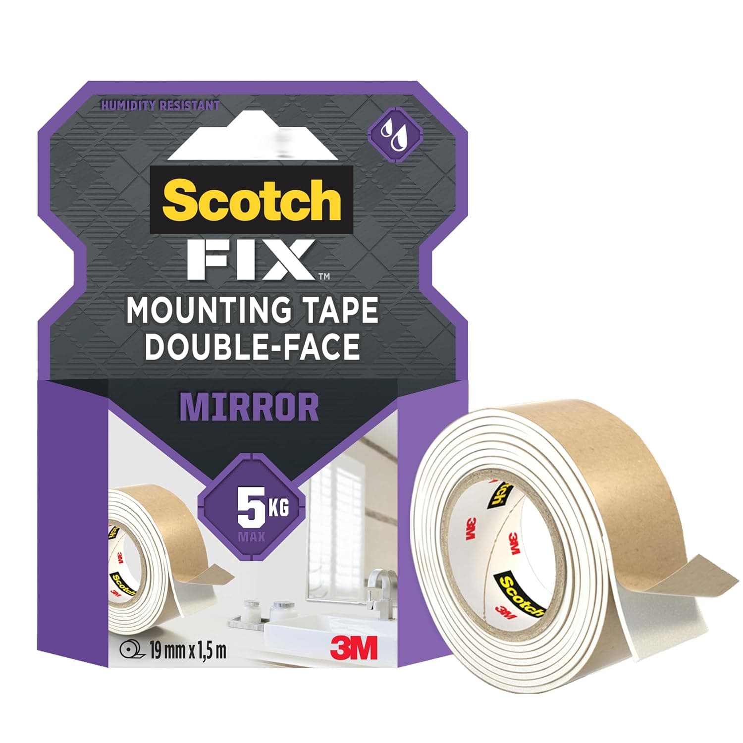 Scotch Mount Mirror Tape 19mm x 1.5m, 1 roll/pack | Holds up 1 kg. per 15cm | White color | Fixing Mirrors | Special for Humid Environments | Easy to use | No Tools | Double Sided Adhesive Tape