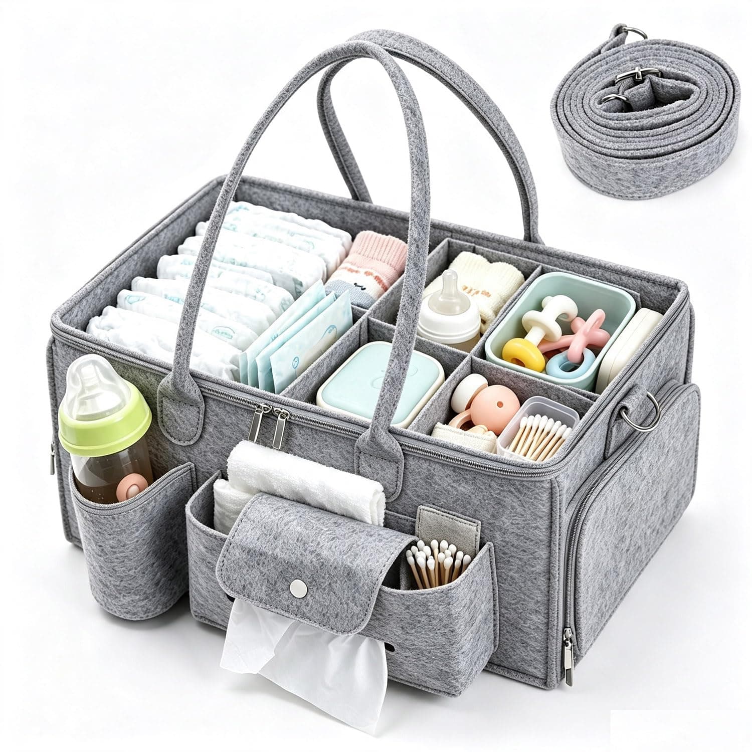 LinJie Baby Diaper Caddy Organizer, Portable Zippered Nursery Organizer, Multi-Pocket Car Travel Storage Bag for Diapers and Wipes (Gray)