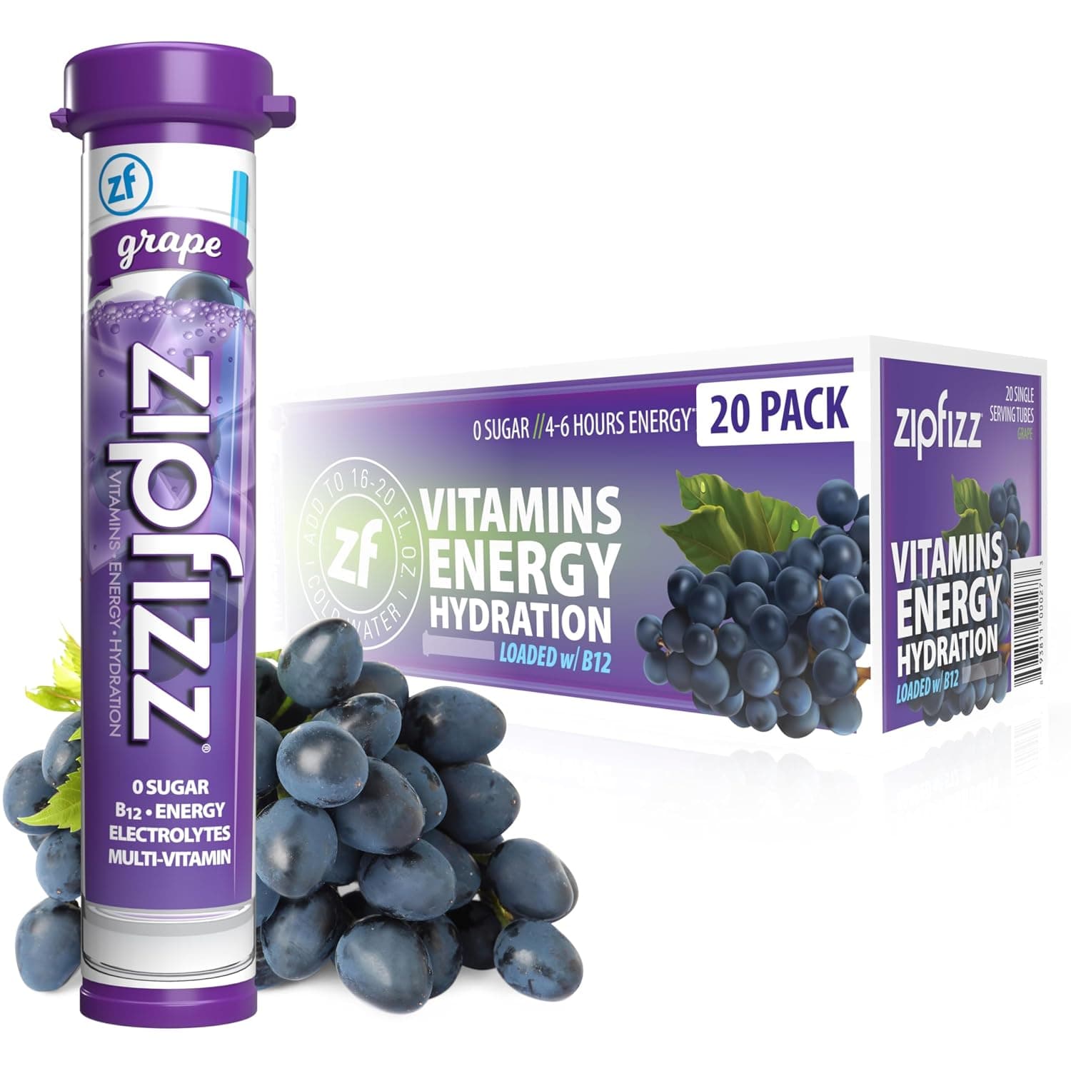 Zipfizz Healthy Energy Drink Mix, Grape, 20 Count(Pack of 1) | Hydration tubes with vitamin drink benefits, 100mg caffeine, B12, electrolytes, & no artificial sugar for active lifestyle