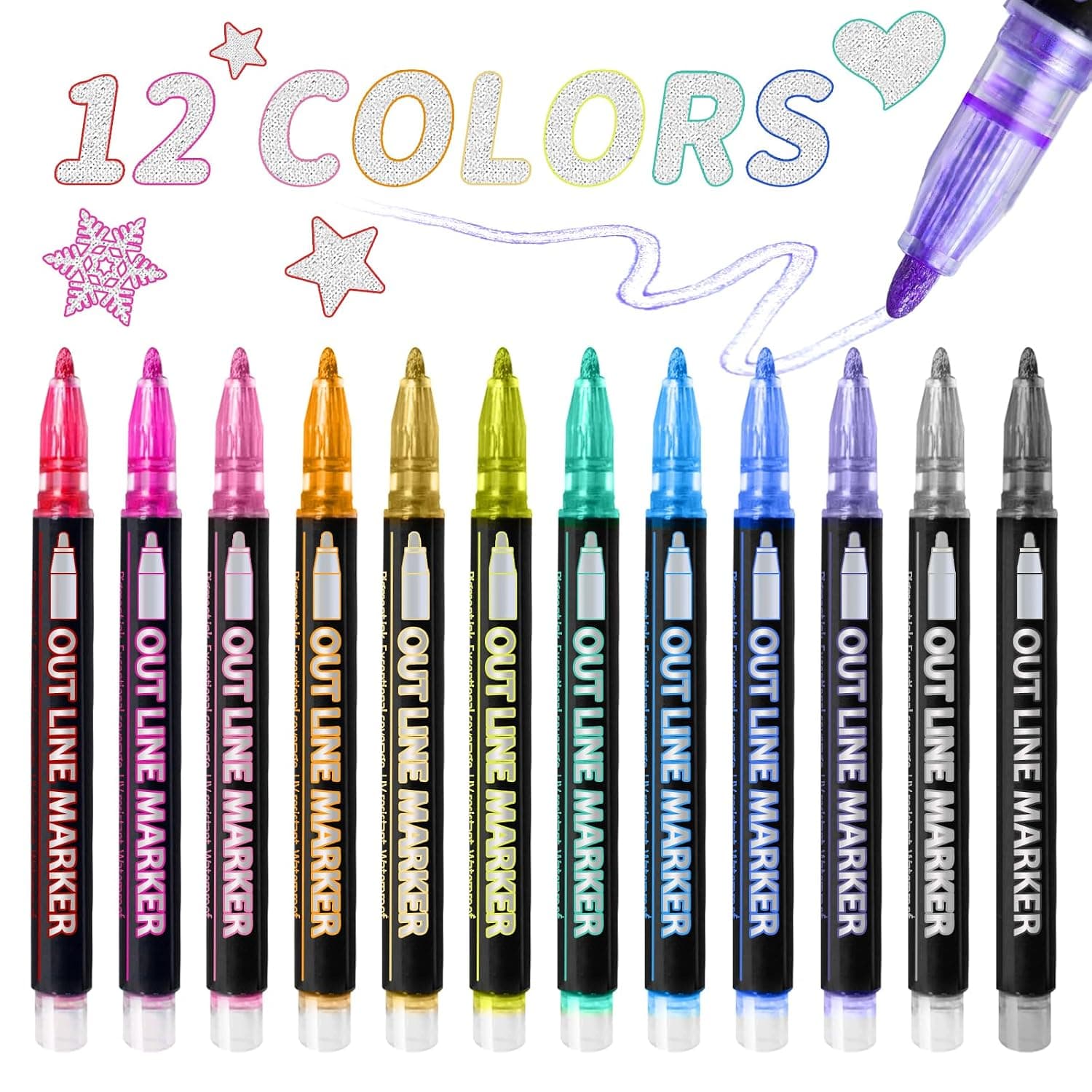Mesen Shimmer Markers, 12 Colors Outline Metallic Glitter Pens Set, Shiny Art Double Line Shimmer Pens Sparkly Paint Markers Pens for Painting, Doodling, Drawing, Card Making, Scrapbooks, Crafts