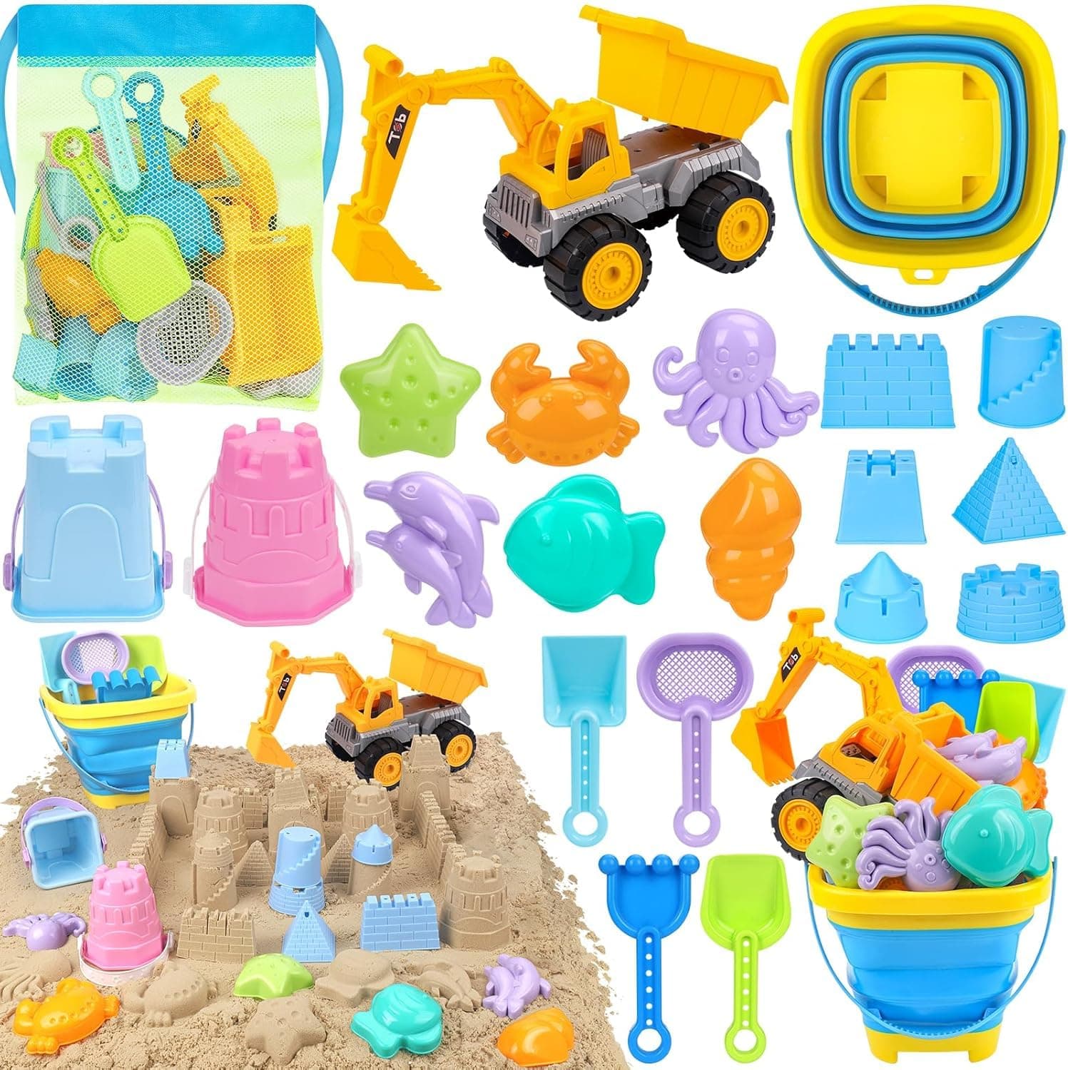 21 Pcs Beach Toys Set for Kids, Sand Toys with Beach Truck, Collapsible Bucket, Sand Castle Molds, Shovel Set, Mesh Bag, Outdoor Summer Toys for Boys Girls Ages 3-8 (Sea ​​Animals)