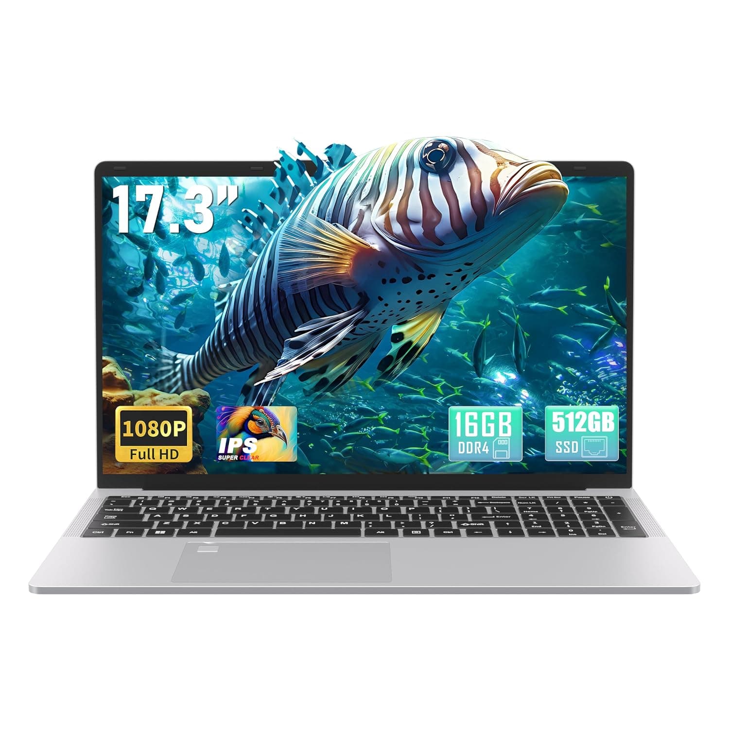 17.3" FHD(1920 x 1080) IPS Business Laptop Computer, 16G DDR4 RAM 512G SSD, in tel Celeron N5095 Quad-Core Processor,Win 11 Pro PC, HDMI, Fingerprint Reader, Backlit KB,BT 5.0/WiFi,Silver (512G SSD)