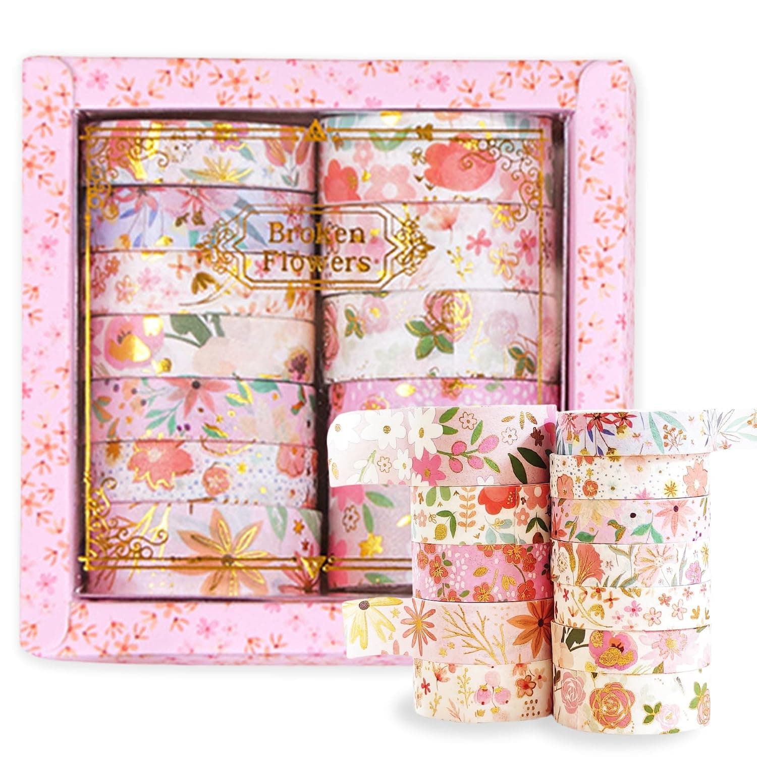 12 Rolls Pink Floral Washi Tape Set, Decorative Tape for Scrapbooking, Journaling, DIY Crafts & Gift Wrapping, Assorted Sizes with Exquisite Storage Box