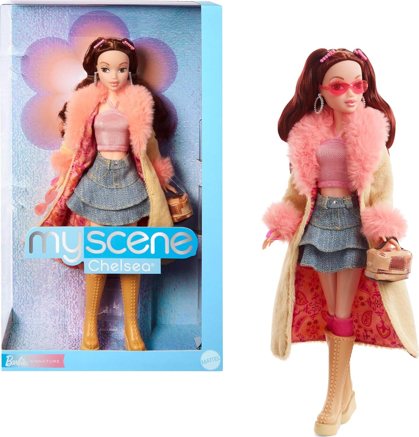 Barbie Signature My Scene Doll and Accessories, Chelsea in the Turn of the Millennium Inspired Outfit with Butterfly Top, Cargo Jeans, Jeans Bag and Doll Stand HYC19