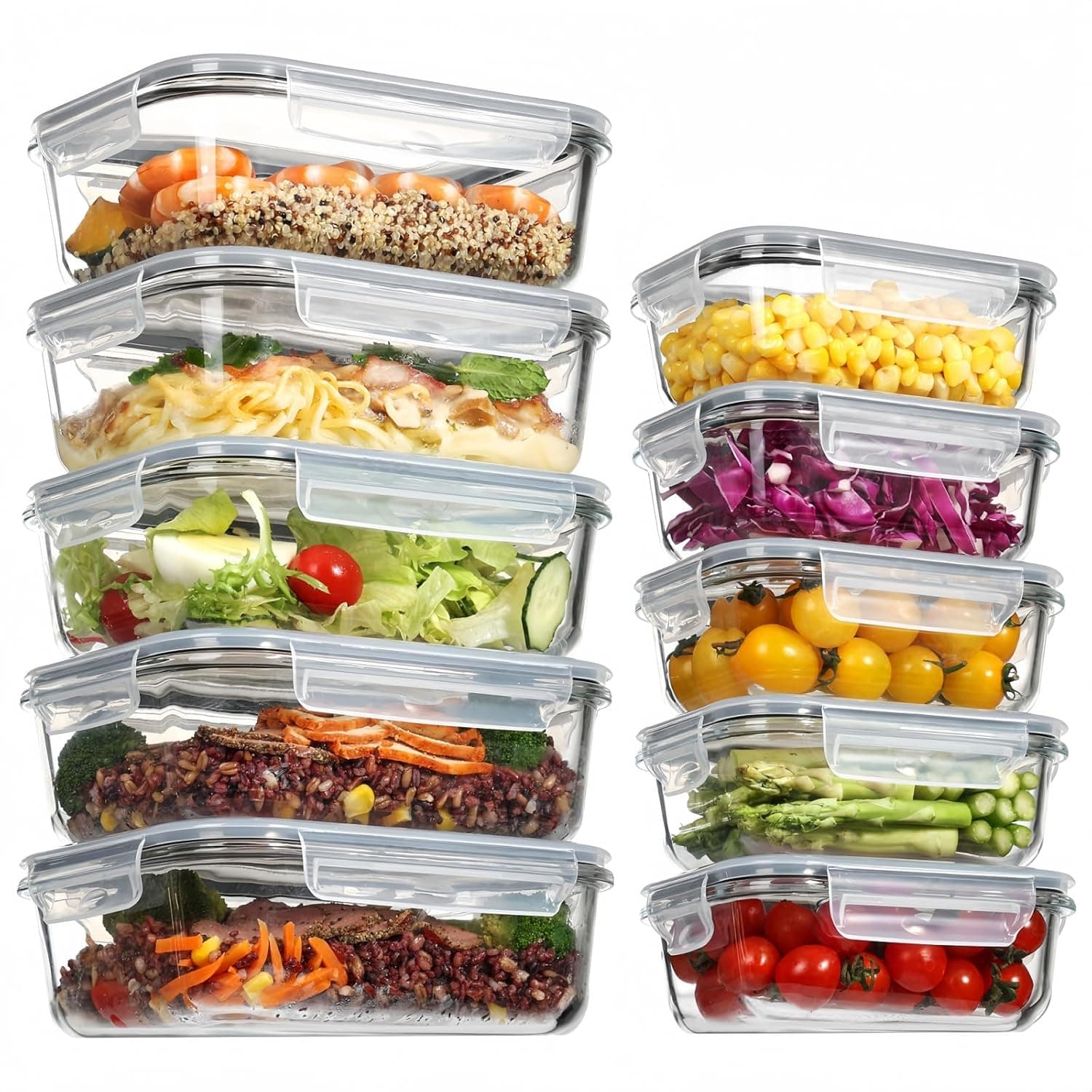 10-Piece Glass Food Storage Containers with Airtight Lids - 5 Large (1080ml) & 5 Small (385ml) Leakproof Meal Prep Containers, BPA-Free Kitchen Organizer, Microwave & Oven Safe, Black