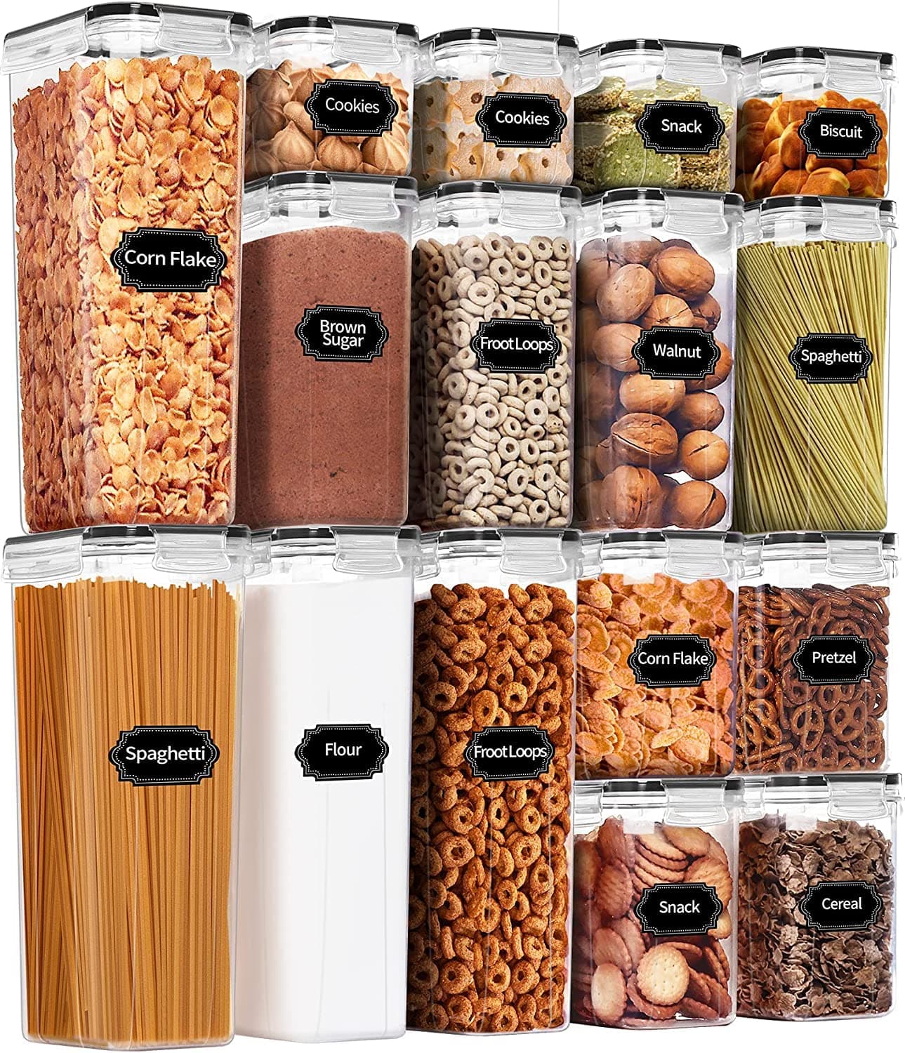 ALMEKAQUZ Food Storage Containers, 7 Pieces BPA Free Plastic Cereal Containers with Easy Lock Lids, for Kitchen Pantry Organization and Storage, Include 24 Labels (16pc)