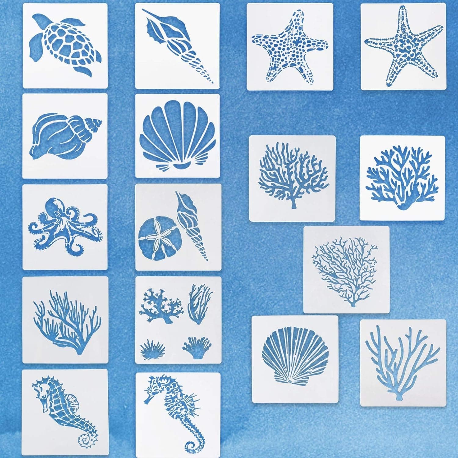 Tazweeq 17 Pieces Sea Ocean Creatures Stencils Templates Set, Reusable Undersea Theme Drawing Stencils, for DIY Crafts Scrabooking Painting on Wood (13 x 13 cm, 5.1 x 5.1 Inch)