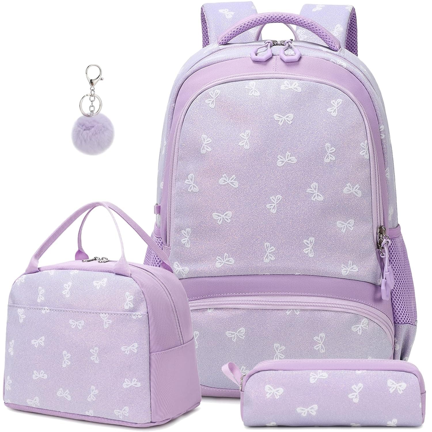 Kimwadalh Backpack for Girls School Bag School Bag Set School Bags for Girls Secondary and Primary School Bag Set with Lunch Bag and Pencil Case, Purple Bow Tie