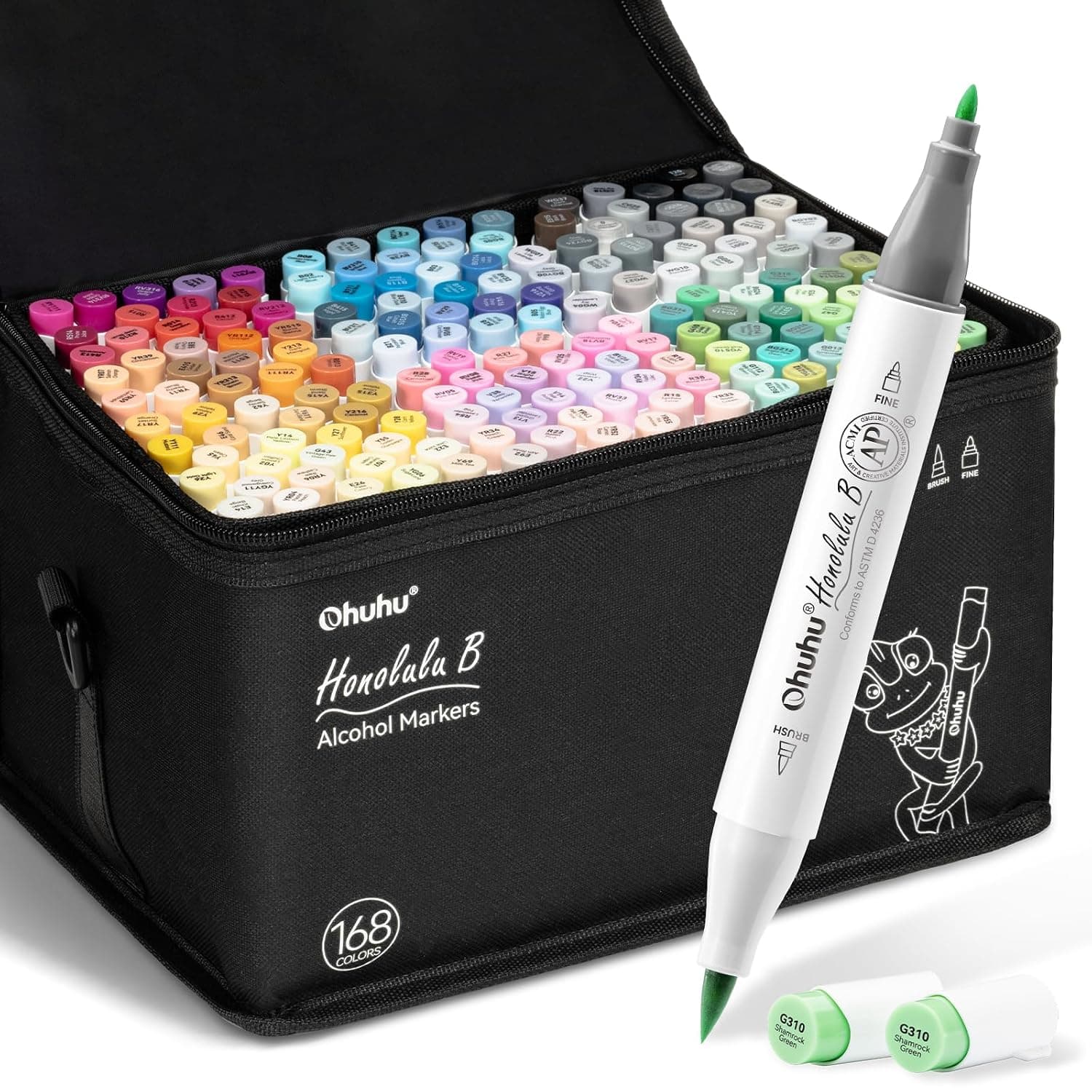 Ohuhu Alcohol Markers 168 Colors Brush& Fine for Adult Coloring Drawing | Honolulu B Series AP Certified Art Marker Set, Dual Tips Alcohol-based for Artists Beginners Drawing Illustration Sketching
