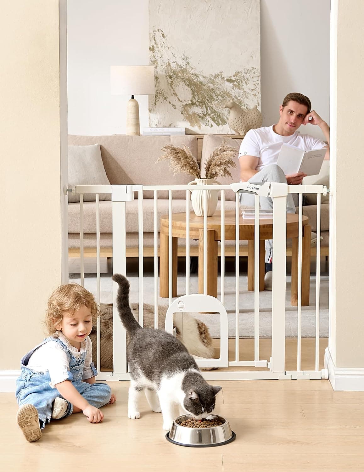 Babelio Baby Gate with Adjustable Cat Door, CatPrivilege III, 29-43" | Auto-Close, Pressure Mounted with No Drilling, Dual Lock Safety Gates For Stairs, Doorways and House, Easy Walk Thru, White
