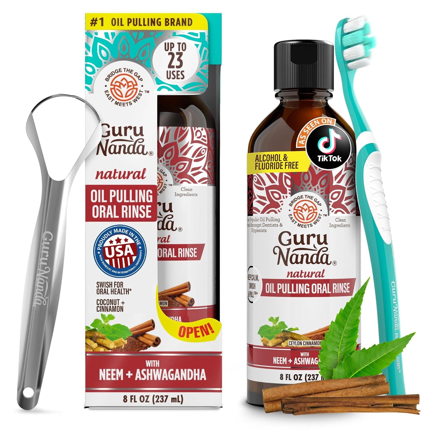 GuruNanda Ashwagandha Oil Pulling (8 Fl Oz) - 100% Pure Blend of Coconut with Essential Oils & Vitamins - Supports Healthy Teeth & Gums & Fresh Breath