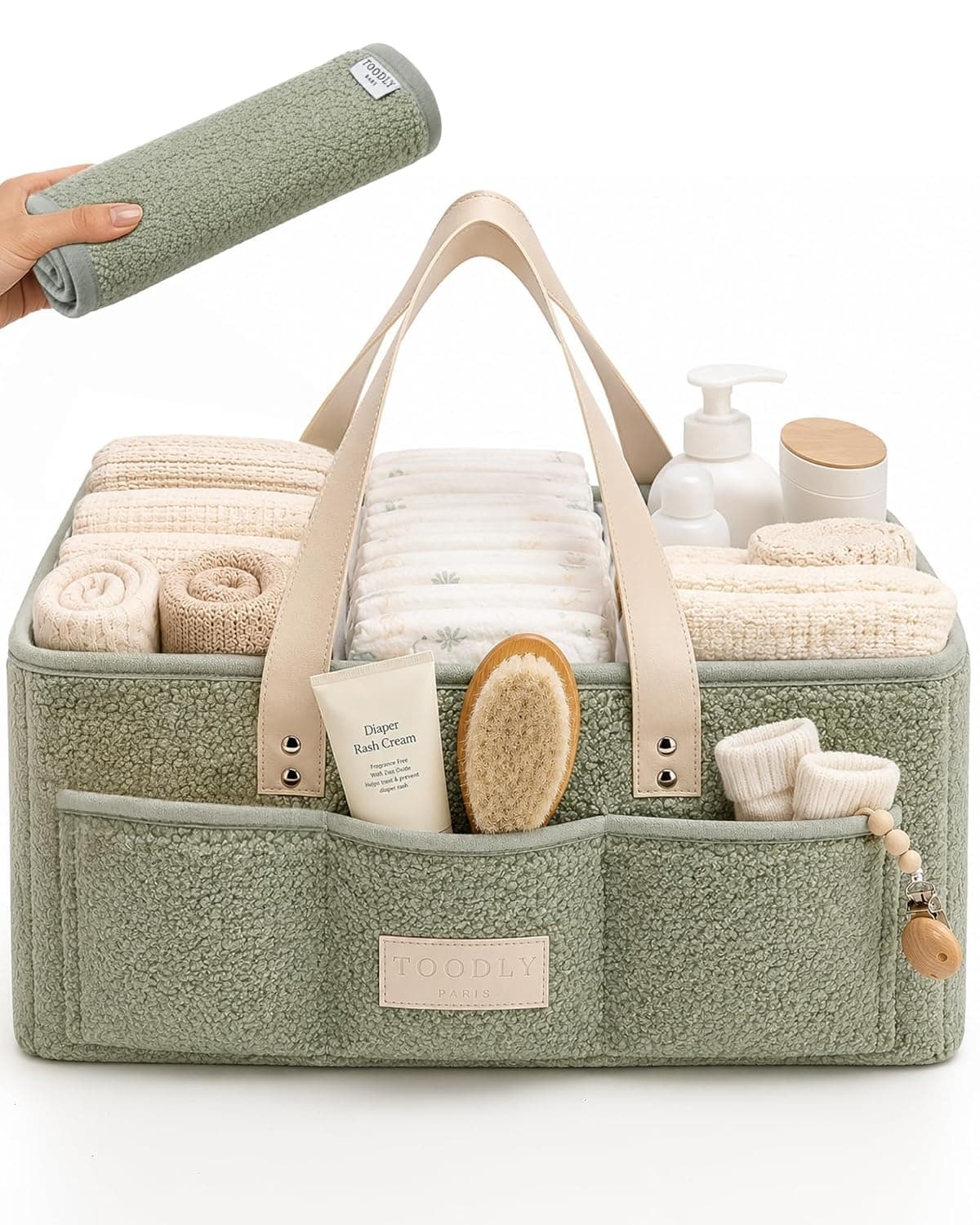 Baby Diaper Caddy Organizer with Portable Changing Mat - Teddy Fleece Diaper Organizer for Changing Table - Basket for Changing Essentials - Baby Essentials Organizer with Removable Dividers | Sherpa teddy fleece nursery storage basket, removable velcro dividers, wipeable interior, newborn shower gift, car and travel