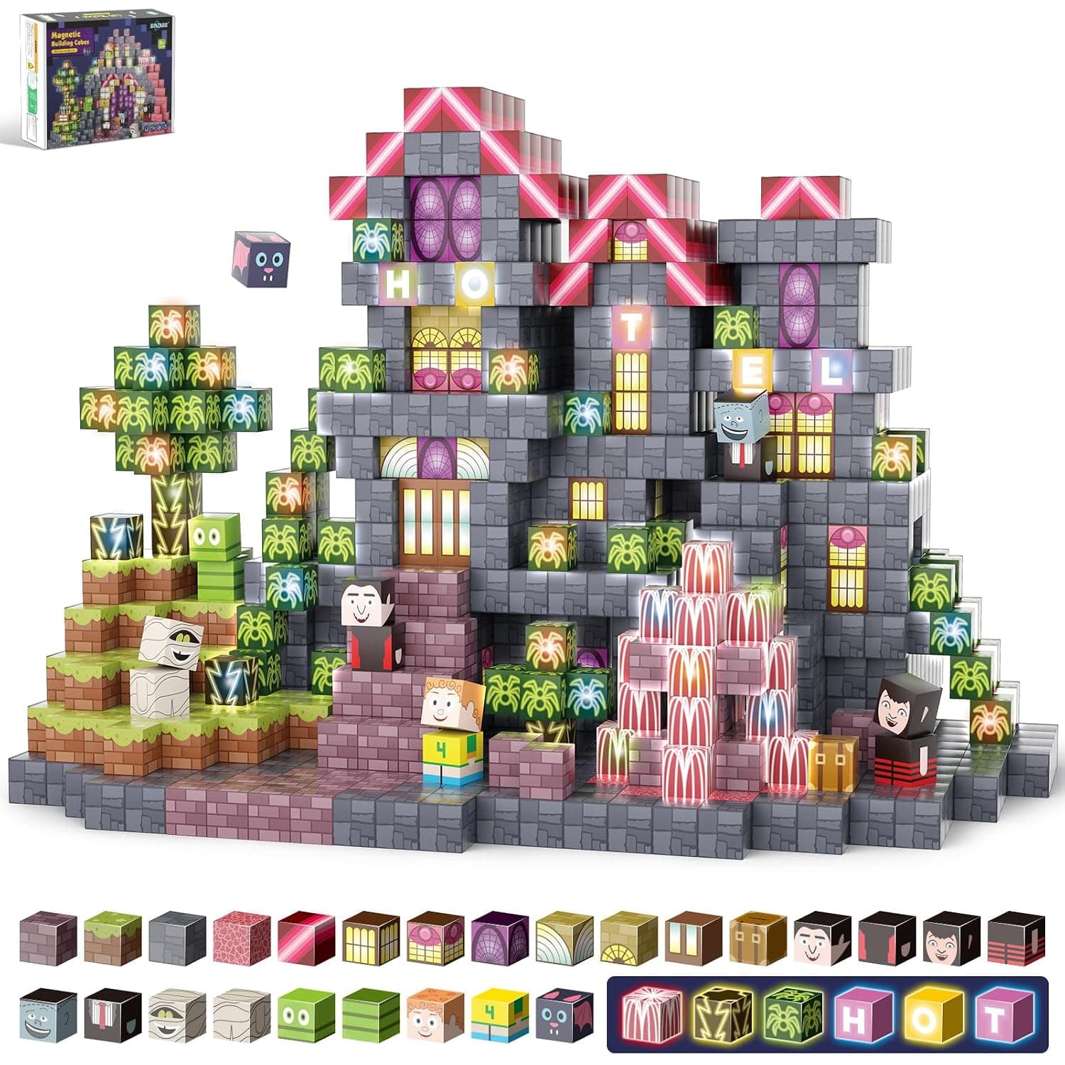 Magnetic Blocks - 198PCS Magnetic Building Cubes Set with LED,STEM Sensory Stacking Kit, Christmas Birthday Creative Gifts for Kids Boys Girls Ages 5 6 7 8 9 10 12+ Years Old