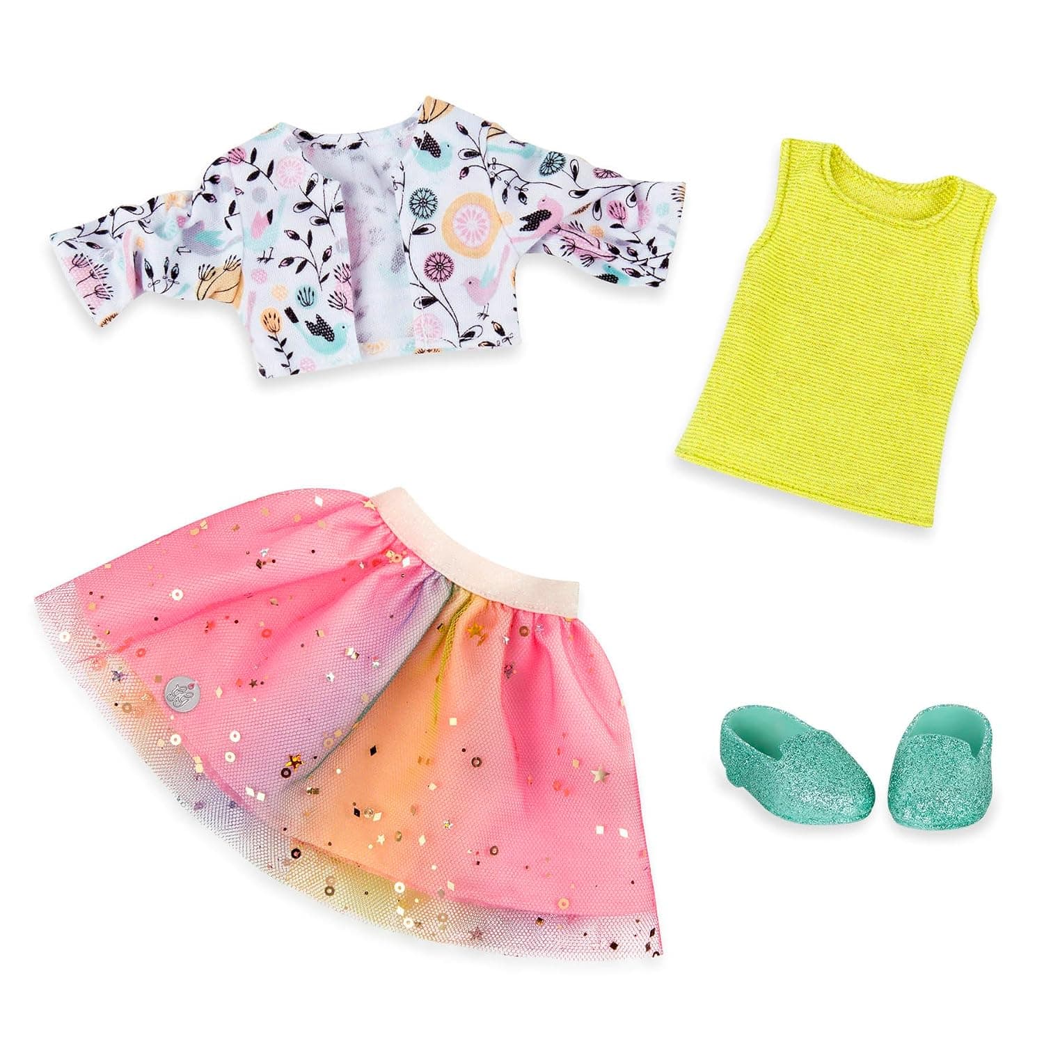 Glitter Girls – 14-Inch Doll Clothes - Shimmer Glimmer Floral Fashion Doll Clothes & Accessories – Urban Top, Flower Jacket & Tutu Skirt Outfit – for 3+ Years Year Old Girls | Includes skirt, tank top, floral jacket, and glitter shoes for 14-inch dolls; easy-open closures, Floral Outfit; 3+ Years