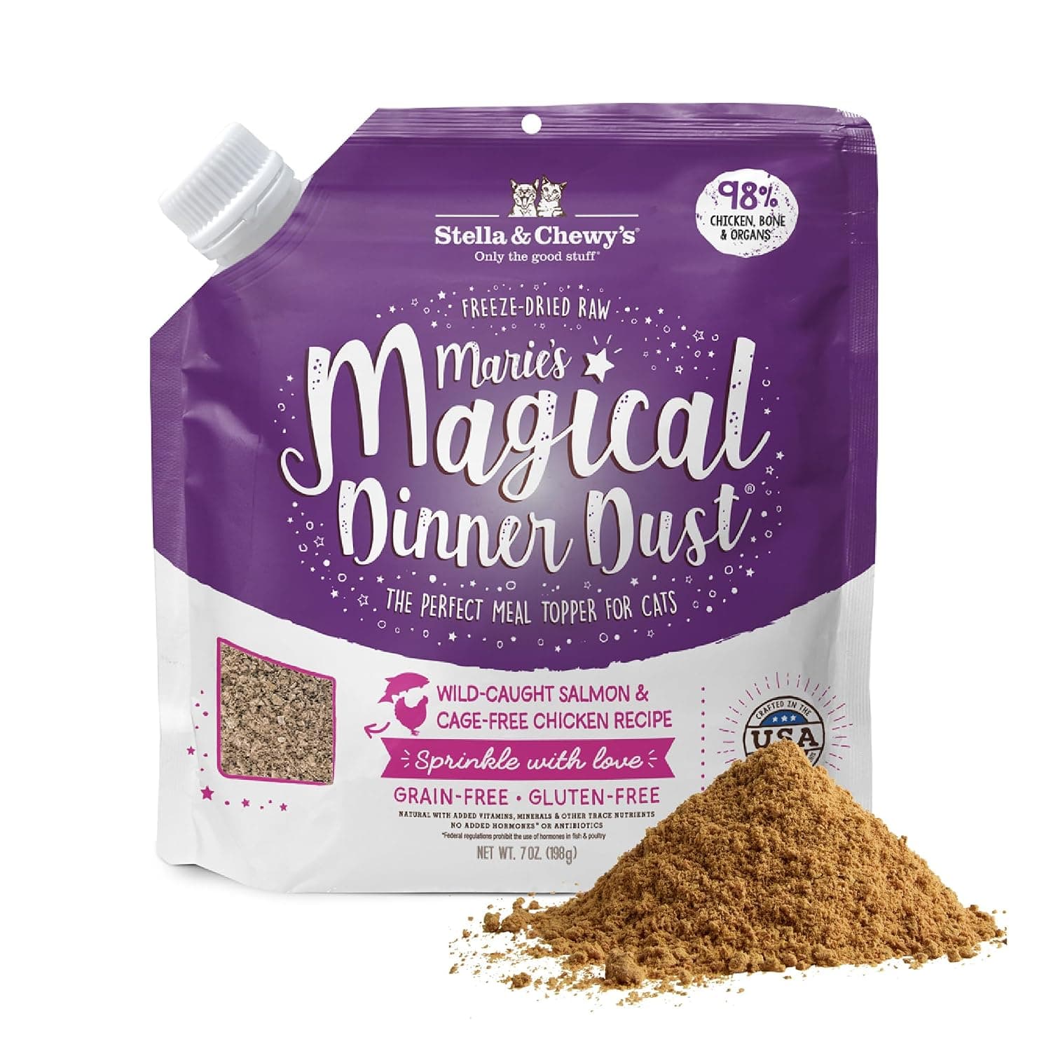 Stella & Chewy's Freeze-Dried Raw Marie’s Magical Dinner Dust – Grain Free, Protein Rich Cat Kitten Food Topper – Wild-Caught Salmon Cage-Free Chicken Recipe – 7 oz Bag