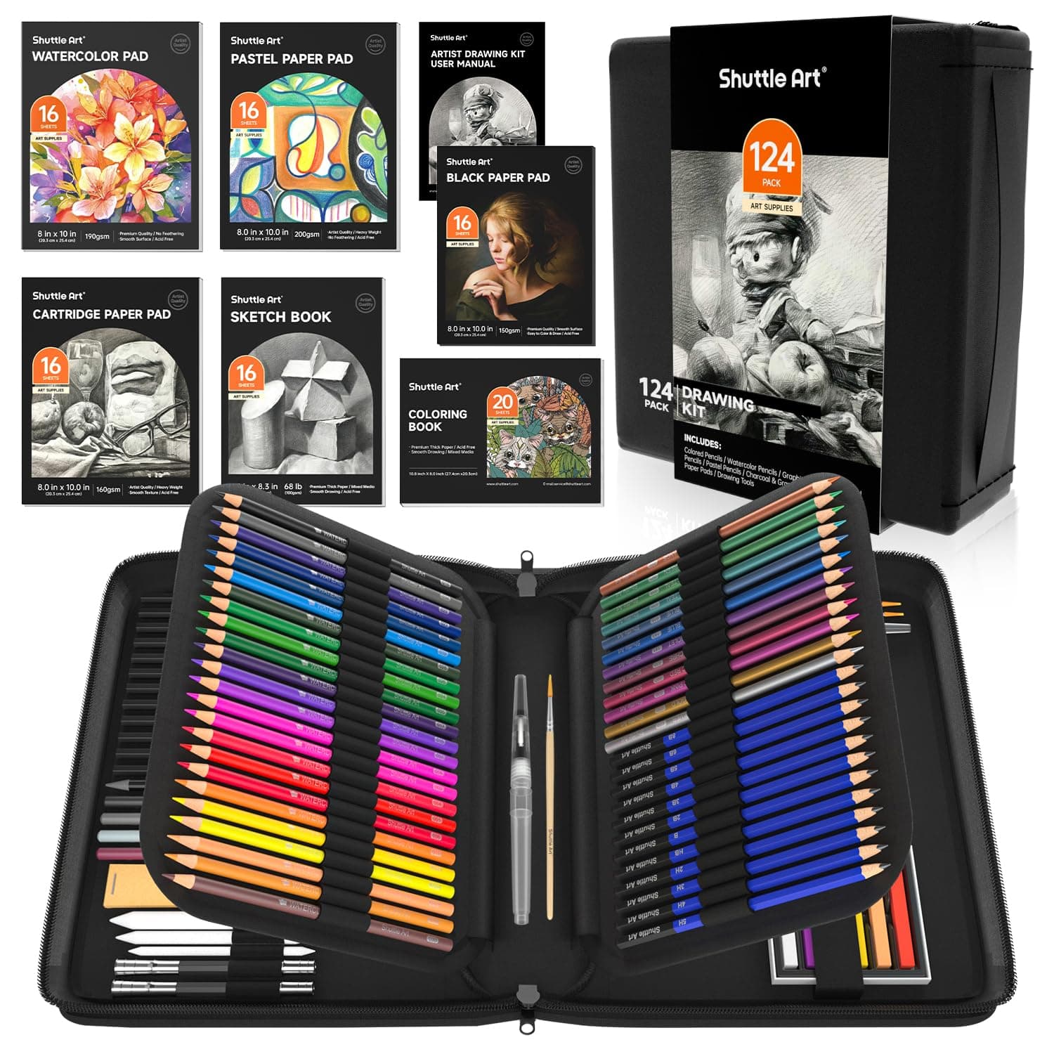 Shuttle Art Drawing Set, 124 Piece Painting Set, Artist Set, with Colouring Pencils, Drawing Pencils, Watercolour Pencils and Graphite Pencils in a Pencil Case, Suitable for Children, Adults for
