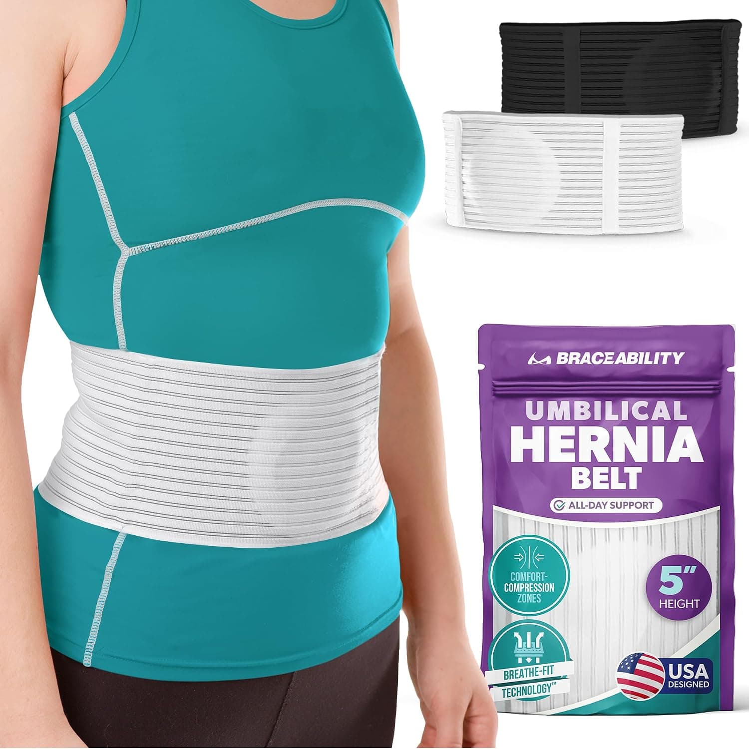 BraceAbility Hernia Belt for Men & Women | Stomach Truss Binder with Compression Support Pad for Abdominal, Umbilical, Navel & Belly Button Hernias - S/M 5" (Fits 28"-38")