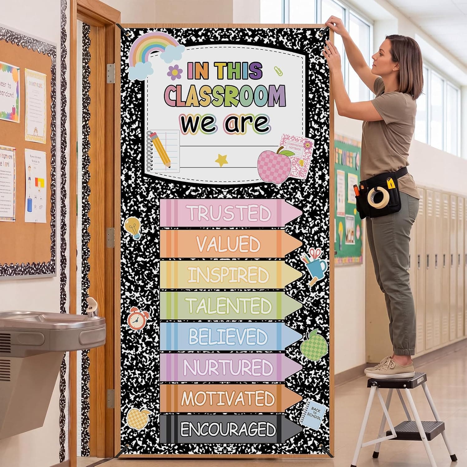 Breling Classroom Welcome Door Cover Composition Notebook Back to School Banner Welcome Wall Door Decor Porch Sign for First Day of School Preschool Classroom Sign Decor(Composition)