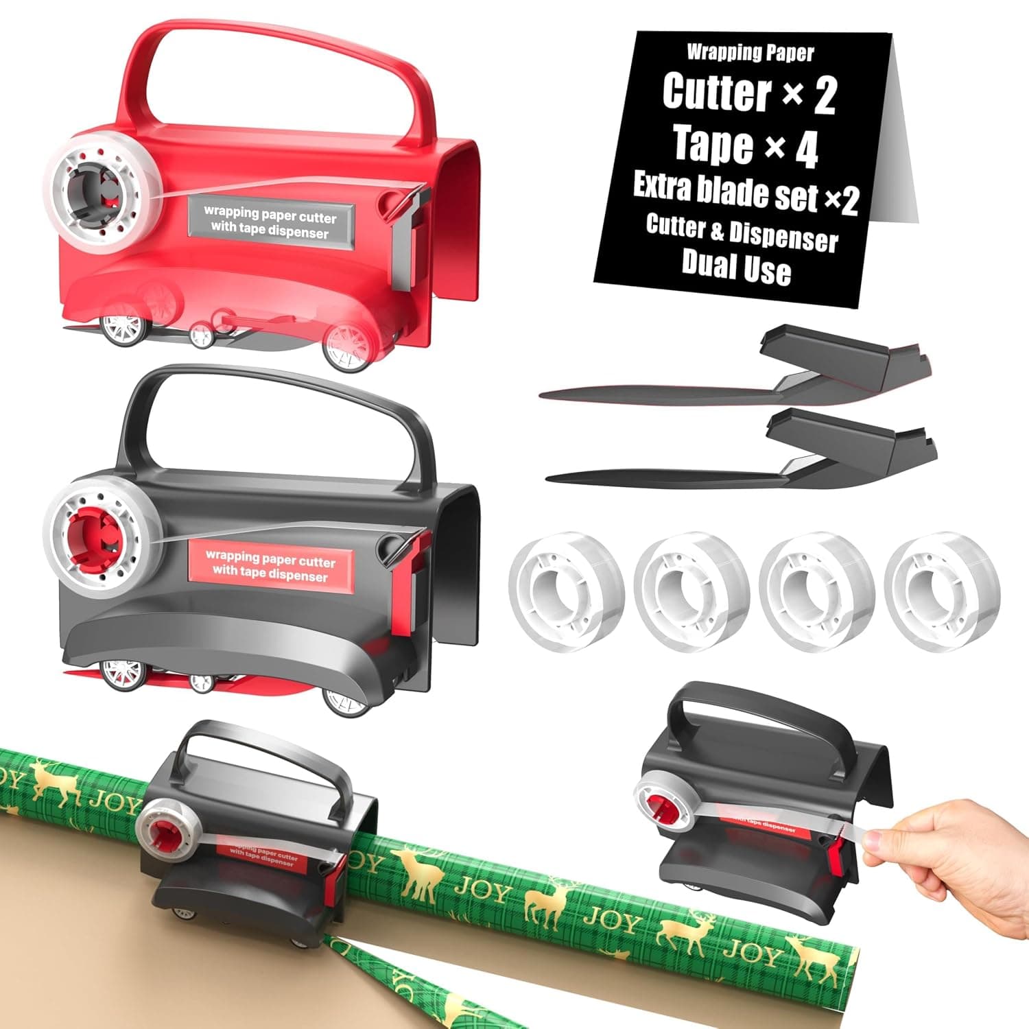 2-Pack Wrapping Paper Cutter and Tape Dispenser, with 4 Rolls Tape and 2 Replacement Blades, Easy Gift Wrap Tool with Paper Roll Holder, for Christmas, Birthday, Holiday Wrapping