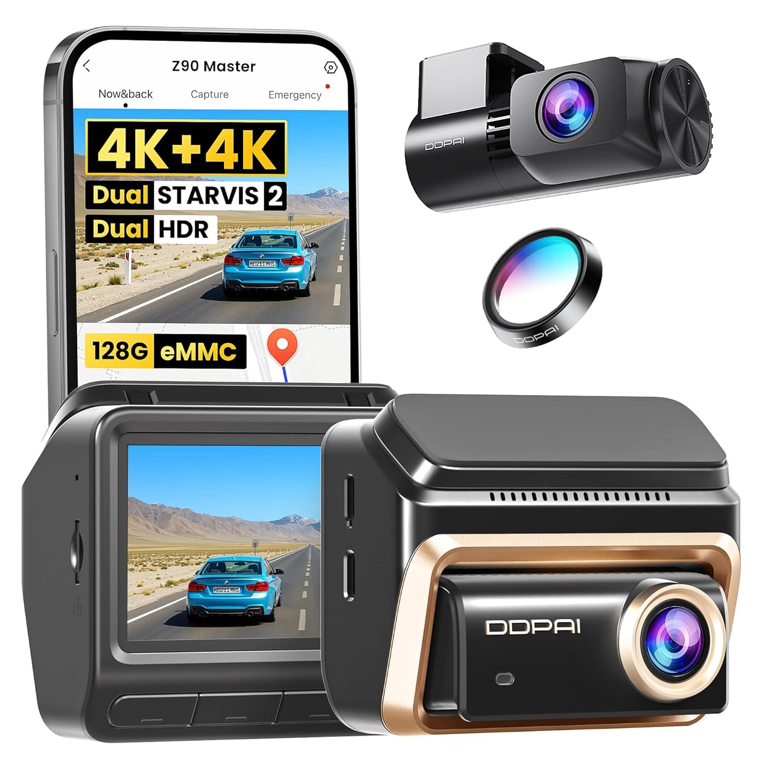 DDPAI 4K + 4K Dash Cam, Dual STARVIS 2 IMX678 Dashcam Car Front and Back, Free 128G eMMC, Dual HDR, 3K/60FPS, 5G WiFi, GPS, 3" IPS, AI ISP Night Vision, 24H Parking Mode, 4G Available, Z90 Master