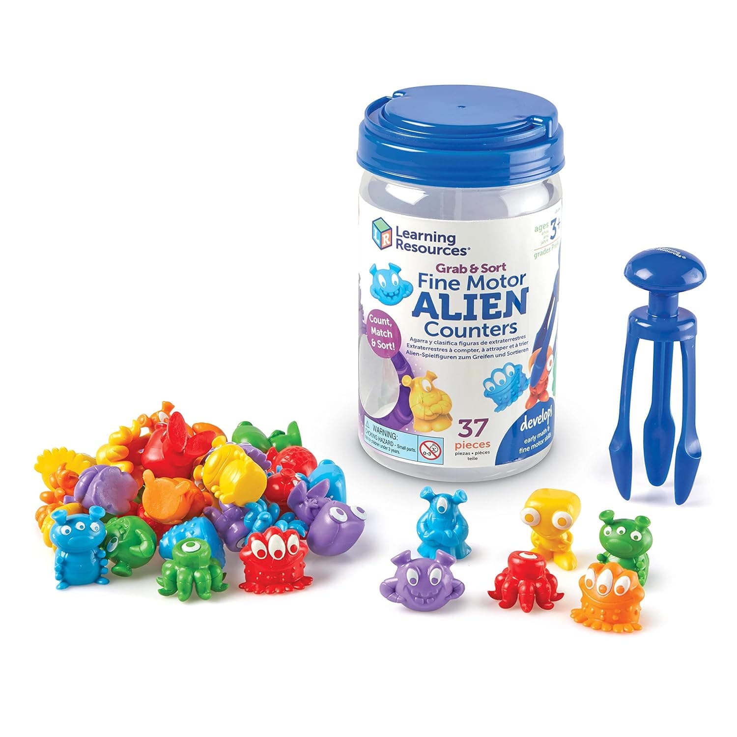 Learning Resources Grab & Sort Fine Motor Alien Counters, STEM Toys for Kids, Space Décor, Preschool Fine Motor Skills, PreK Manipulatives, 37 Pieces, Age 3+