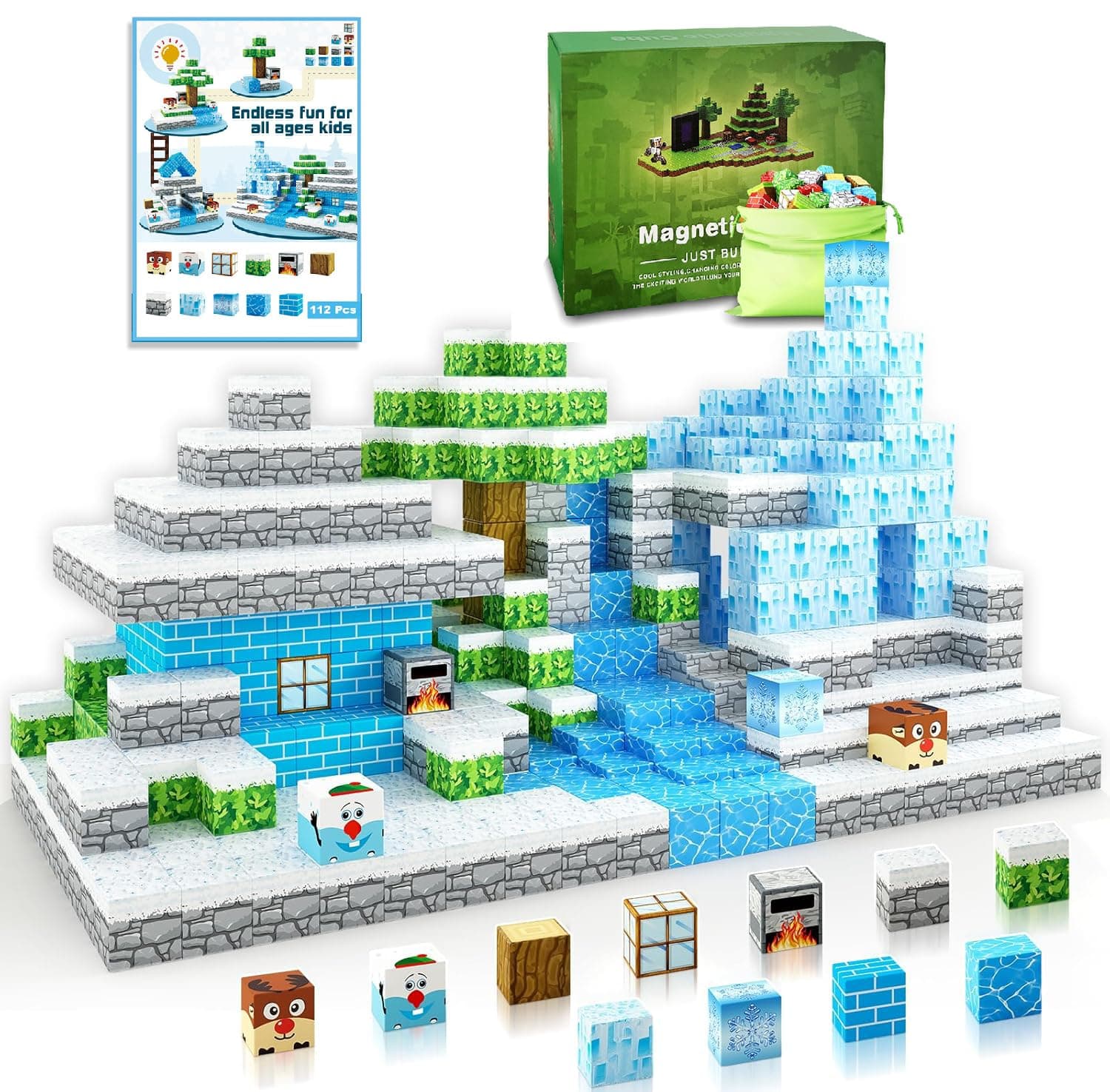 Moonmen Magnetic Building Blocks Set, Mine Magnet World Set For Toddler Educational STEM Construction Toy, Non-Toxic ABS Material Magnet Cubes Construction Toys (112 Pcs Snow World)