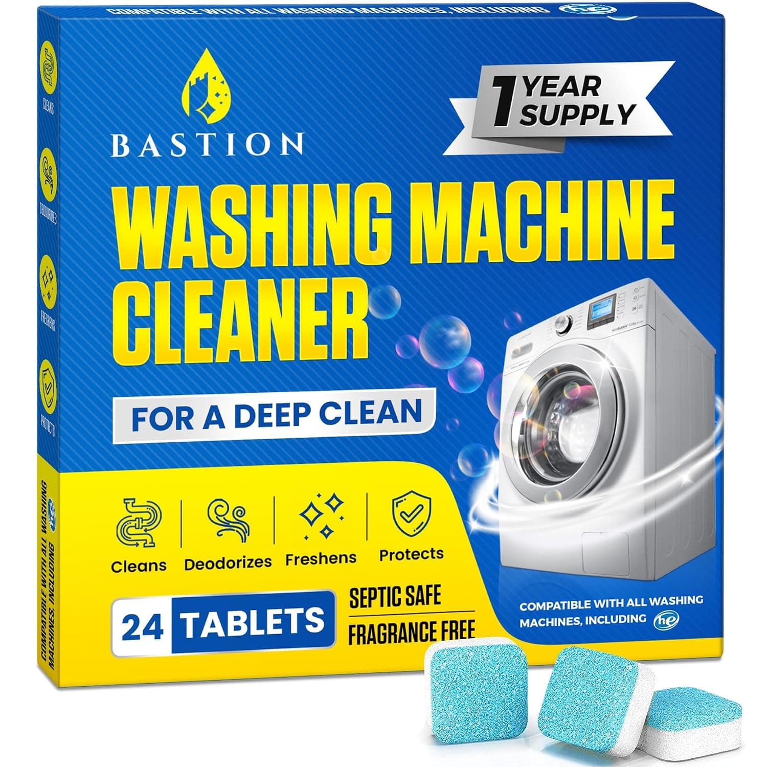 Bastion Washing Machine Cleaner Tablets 24 pack Powerful Descaler -Deep Cleaning for HE Front Loader & Top Load Washer Septic Safe Eco-Friendly Deodorizer Clean Drum & Laundry Tub Seal- Year's Supply