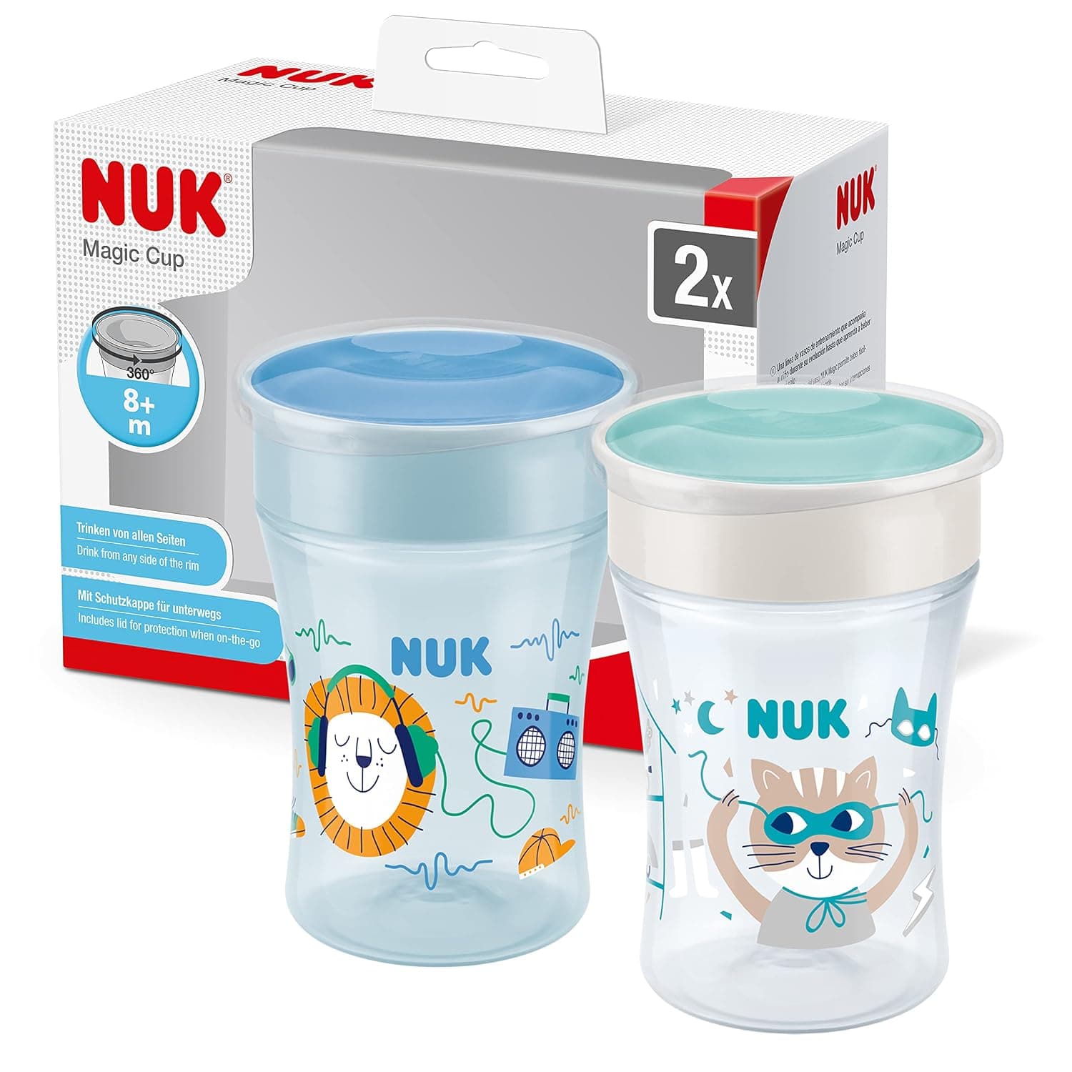 NUK Magic Cup Learning Cup | 360° Rim Leak Proof | 8+ Months | BPA Free | 230ml | Hedgehog (Blue) | 2 Count