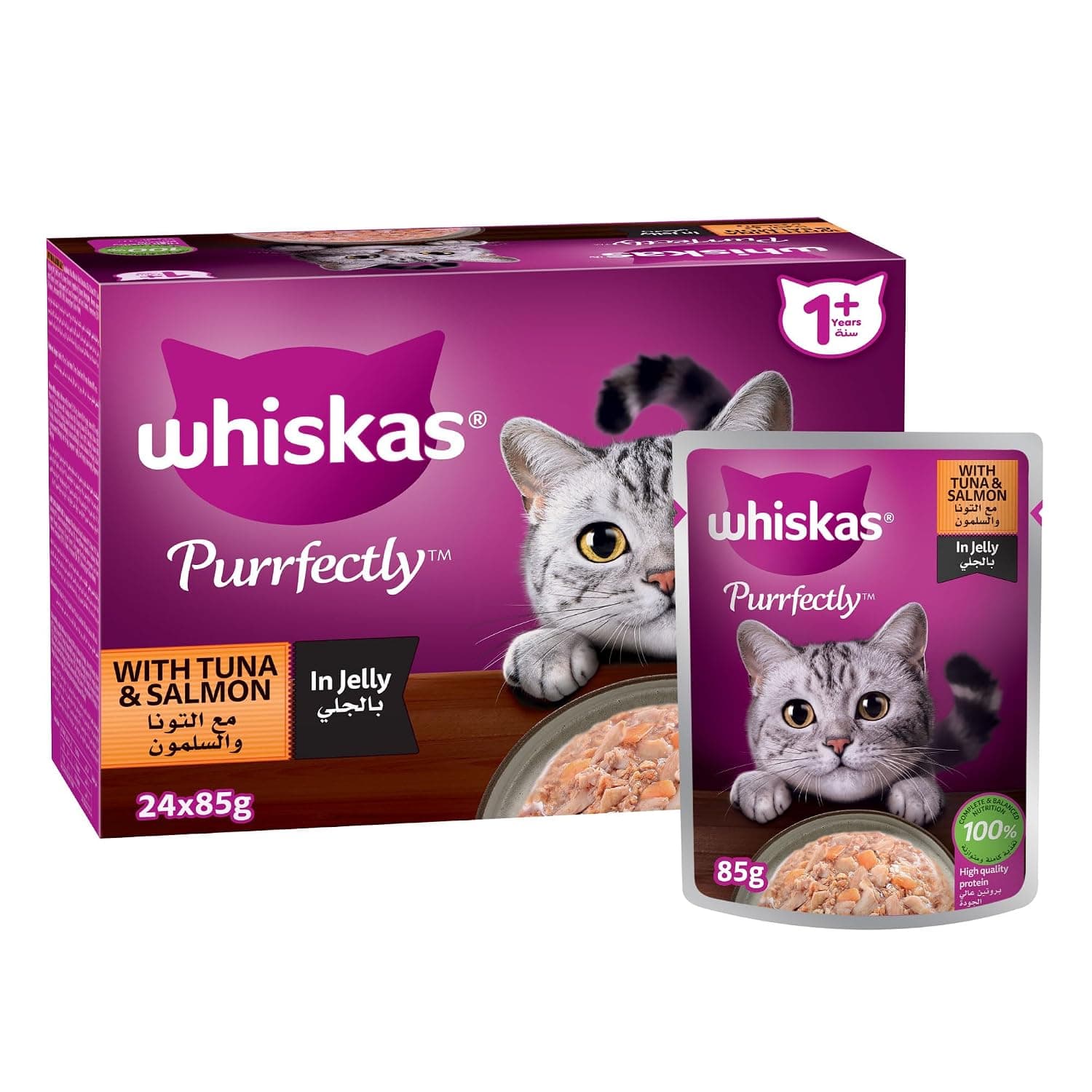 Whiskas Purfectly Cat Food, Tuna and Salmon in Jelly, 24 x 85 g Wet Cat Food for Cats 1 Year and Over, Whiskas Wet Food, 100% Complete and Balanced Nutrition