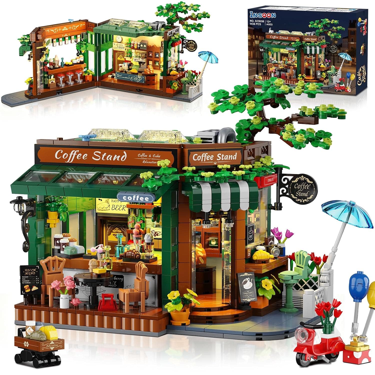 INSOON City Street Café House Building Set with Lights for Boys Girls 12+ | Retro Coffee Stand Building Block with Openable Design, Coffee Shop Model for Home Decor, Gift for Adults Teens(1493 PCS)