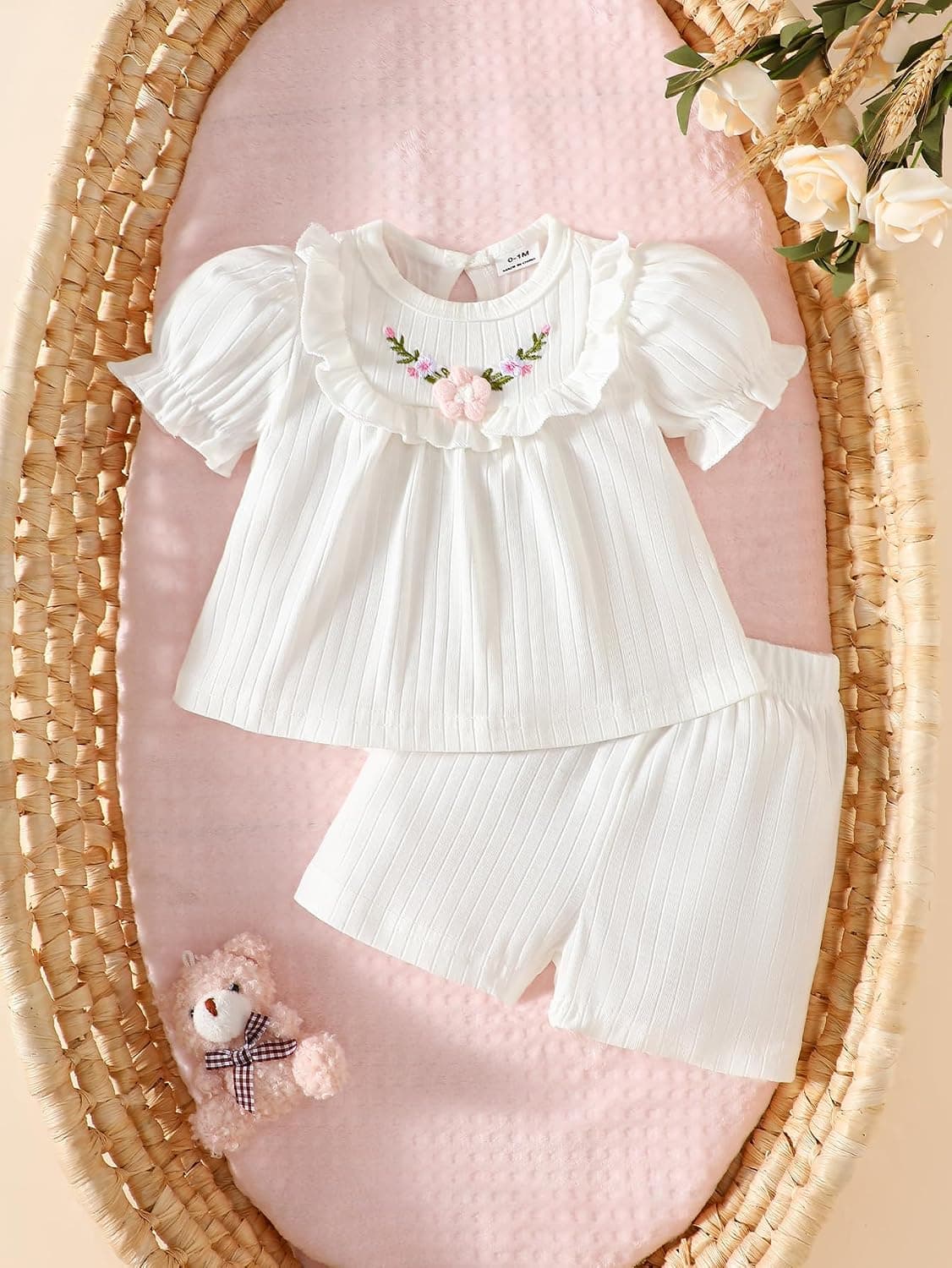 Baby Girl White Ribbed Shorts Set Floral Embroidery Ruffle Sleeve Summer Outfit Newborn Infant Clothes Gift