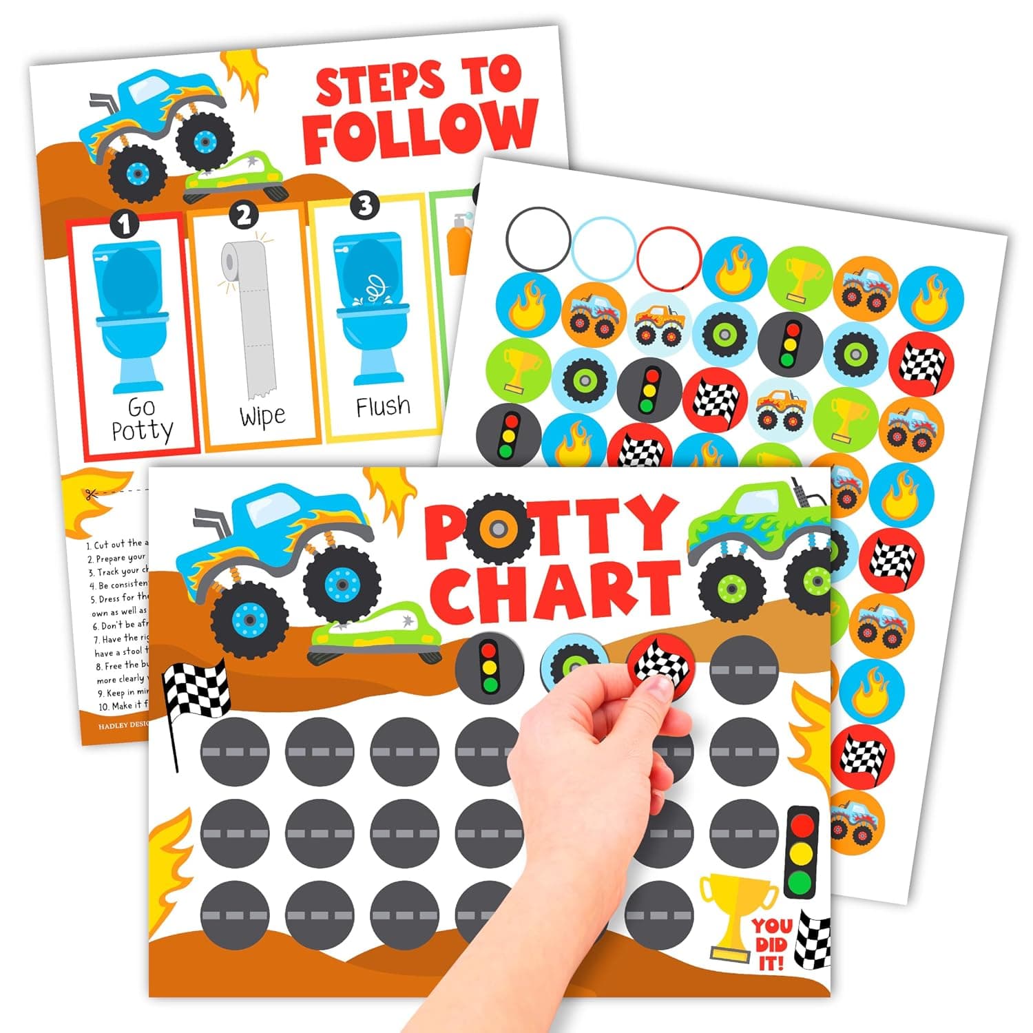 10 Potty Training Chart for Toddler Boys Sticker Reward Chart for Kids | Sticker Chart for Kids Potty Training Rewards for Boys Toilet Success, 8.5x11 Monster Truck Potty Chart for Toddlers Boys