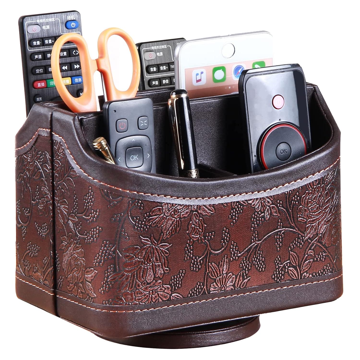 PU Leather 360° Rotatable Remote Control Holder,Nightstand TV Remote Caddy