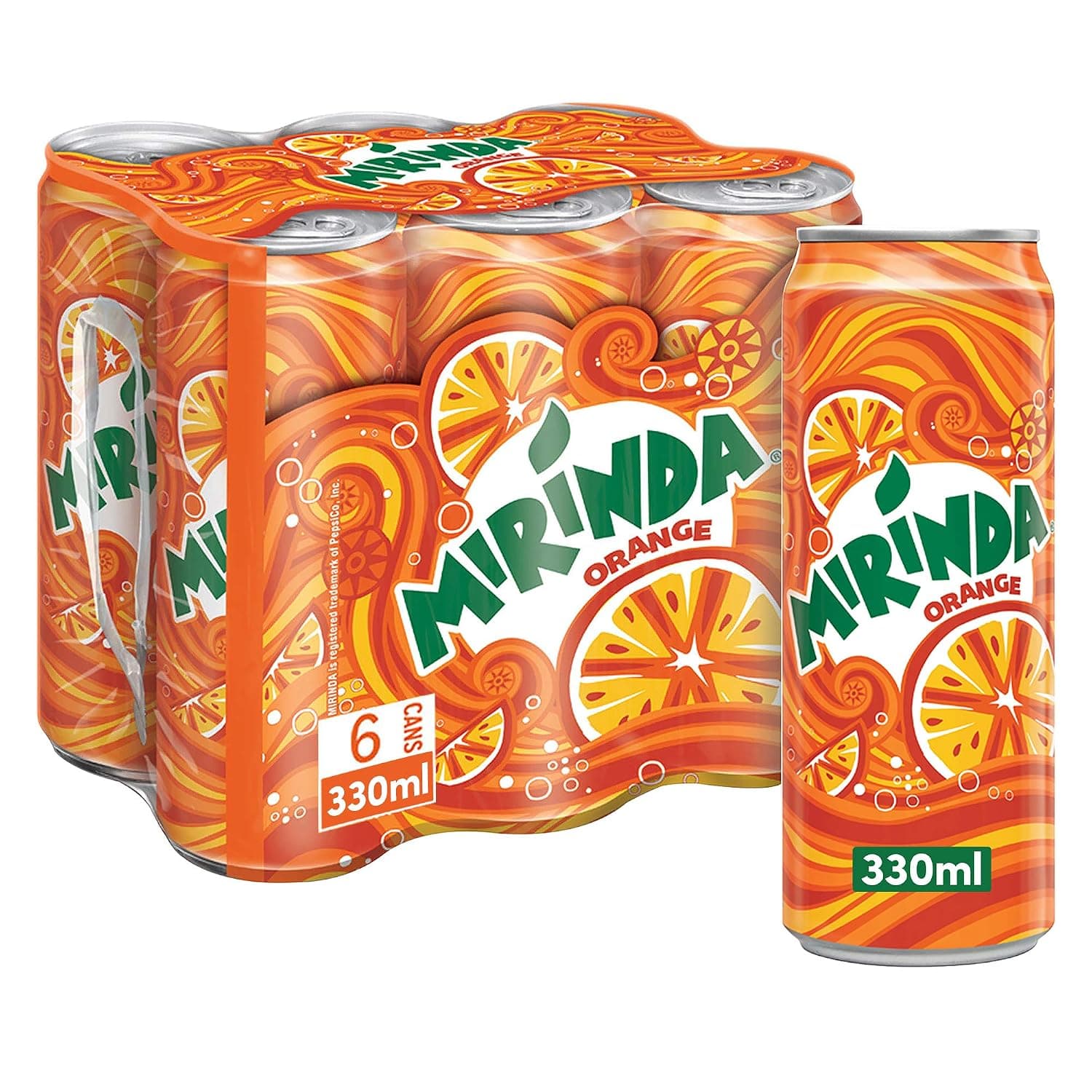 Mirinda Orange, Carbonated Soft Drink, Cans, 330ml x 6