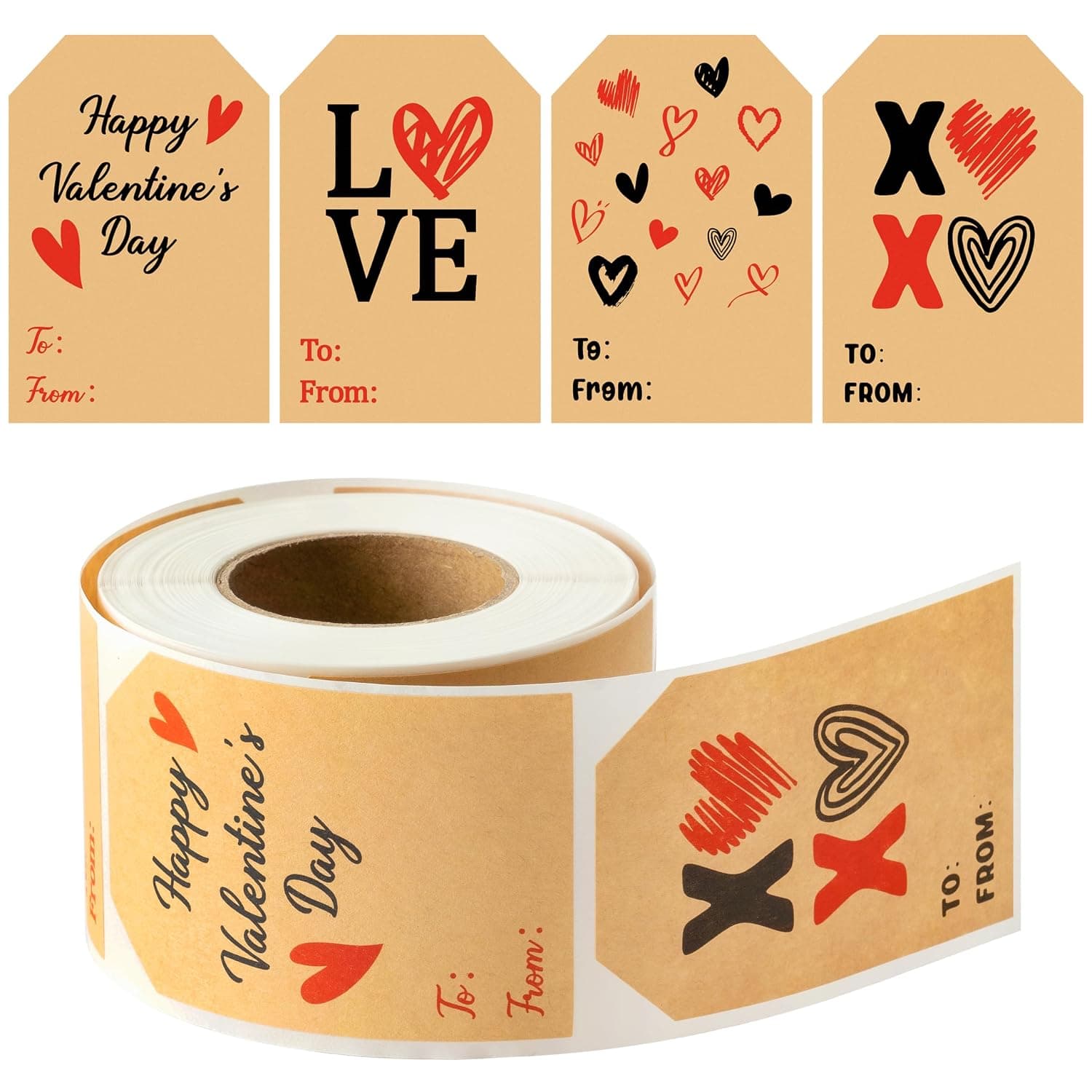 Haooryx 280Pcs Valentines Heart Gift Tags Stickers Gift Wrapping, 4 Designs Self Adhesive Kraft Paper Name Writable Labels Stickers for Valentine's Day Presents Package Envelope Seals Cards Decoration