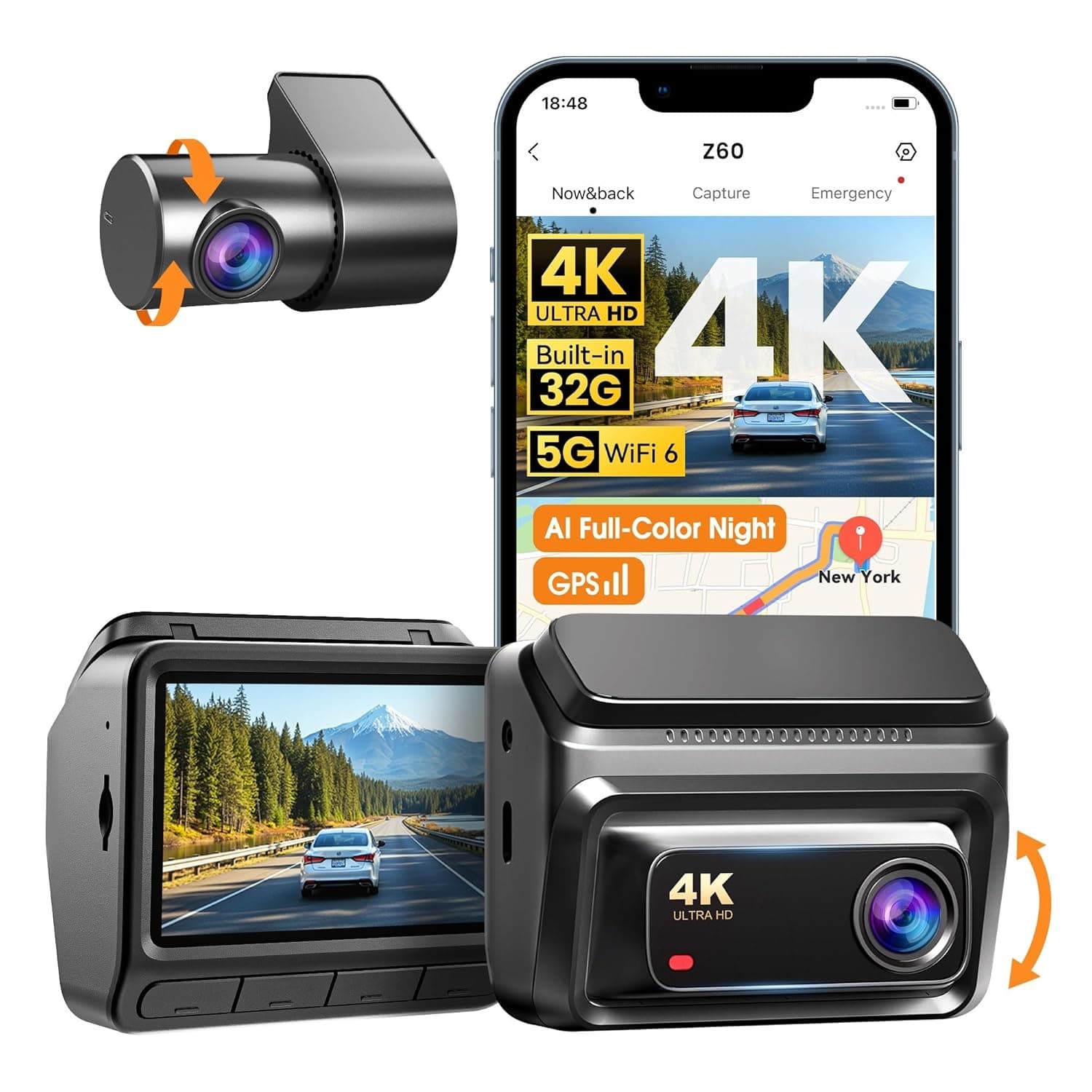 DDPAI Dash Cam Car 4K Front and Back, 2160P+1080P Dashcam, up to 15MB/s 5GHz WiFi6 Car Dash Camera, 3" IPS with 32G eMMC, GPS, Night Vision, 24H Parking Monitor, ADAS, G-Sensor Max Support 512G, Z60