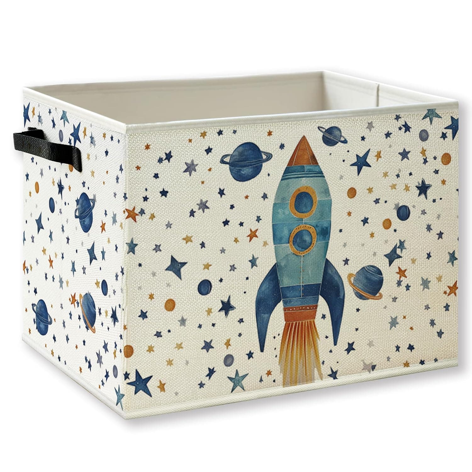 Outer Space Rocket Nursery Storage Basket with Handles | Space Galaxy Planet Rocket Ship Collapsible Fabric Storage Bin Organizer for Kids Boys Room Nursery Bedroom Clothes Books