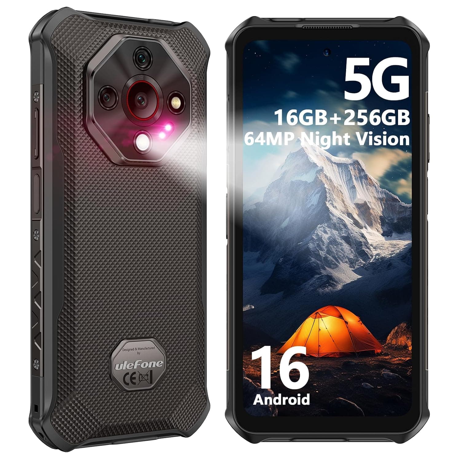 Ulefone Armor X16 Pro 5G Rugged Phone, 16GB+256GB/2TB, MTK Dimensity 6300 Android 16, 10360mAh(33W) 64MP+25MP Night Vision 6.56" 120Hz Display, Dual 5G, Waterproof, Widevine L1, NFC - Wasteland Shadow