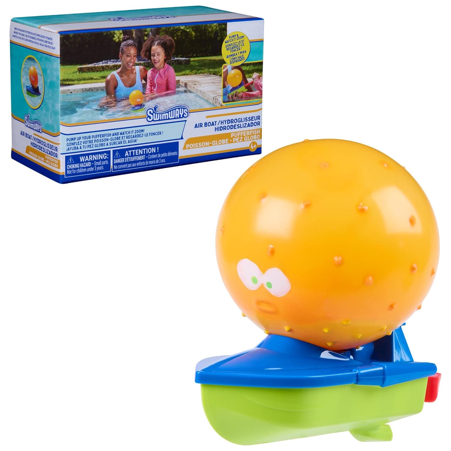 SwimWays Pufferfish Air Boat, Swimming Pool Accessories & Kids Pool Toys, Pool Party Supplies, Water Toys for Kids Ages 4 & Up