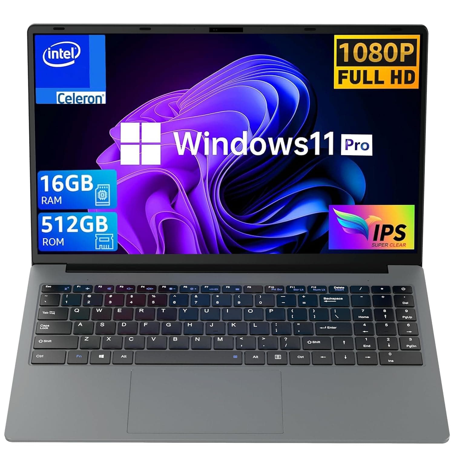 Laptop 15.6 IPS 16GB RAM, 512GB NVMe SSD, Intel Quad-Core 14th Celeron CPU Laptop Computers with Windows11 Pro Support Face ID,2.4G/5G WiFi,BT5.1, USB3.2,HDMI,Type-C (16G+512G)