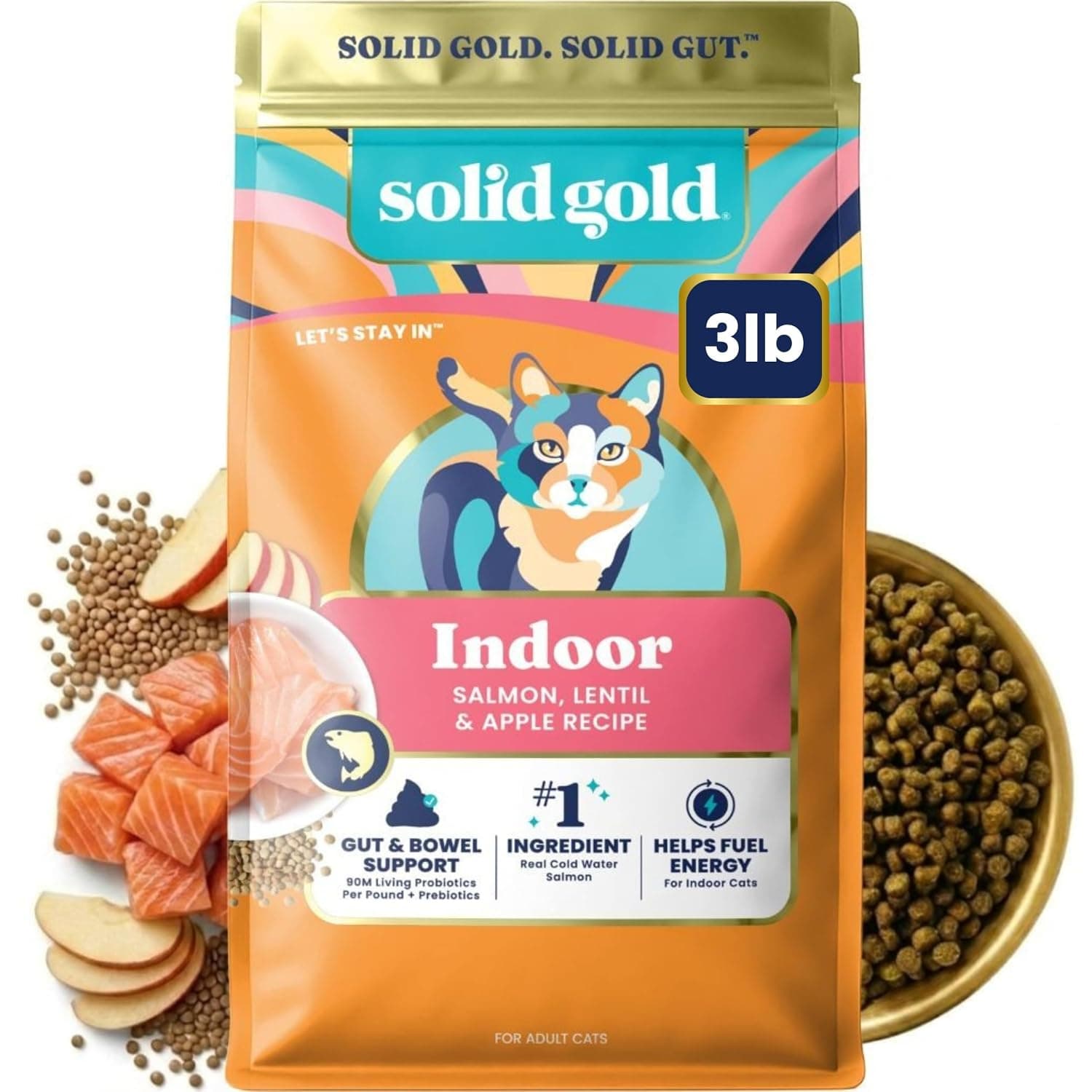 Solid Gold Cat Dry Food Salmon Lentil Apple Recipe Adult Indoor Grain Free - 1.36 Kg