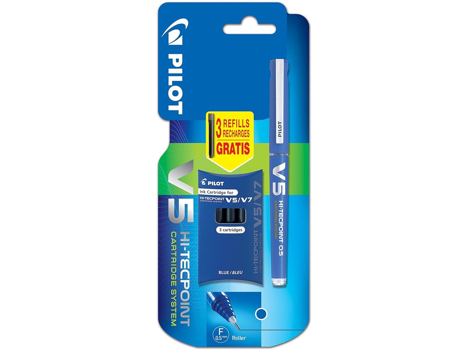Pilot V5 Cartridge System Liquid Ink Rollerball 0.5 mm tip Single Pen with 3 Free Refills - Blue, 4 Piece Set, 107800383