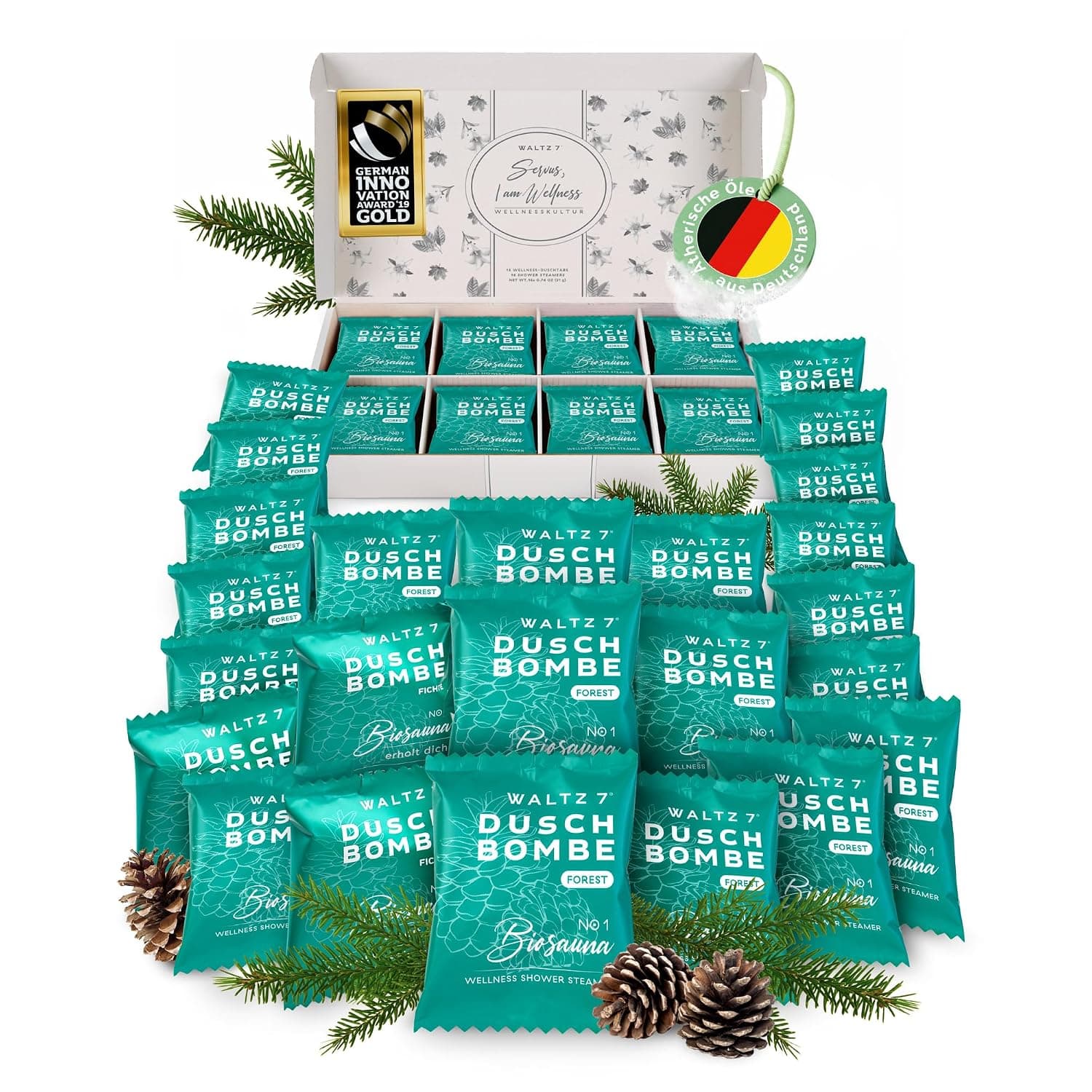WALTZ 7 Original Shower Bombs Spruce, 32 Pieces Monthly Pack Aromatherapy Wellness Gift Set for Women, Men, Birthday Gift, Girlfriend, Mum, Dad, Gift Box, Partner Gift Idea