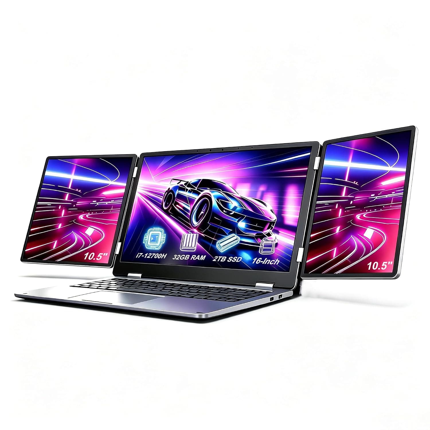 KOOFORWAY Laptop with 3 Screens, 16 Inch Main Display + 2 x 10.5 Inches, i7-12700H, 32GB RAM, 2TB SSD, Win 11 Pro, Wi-Fi 5, BT 5.0, Face/Fingerprint, German QWERTZ Layout, USB-C (Max16-i7-12700H (32GB